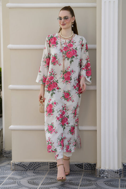 Sakeena Sheen Ivory Red Rose Printed Poly Raw Silk 2pc Kaftan – SHH7