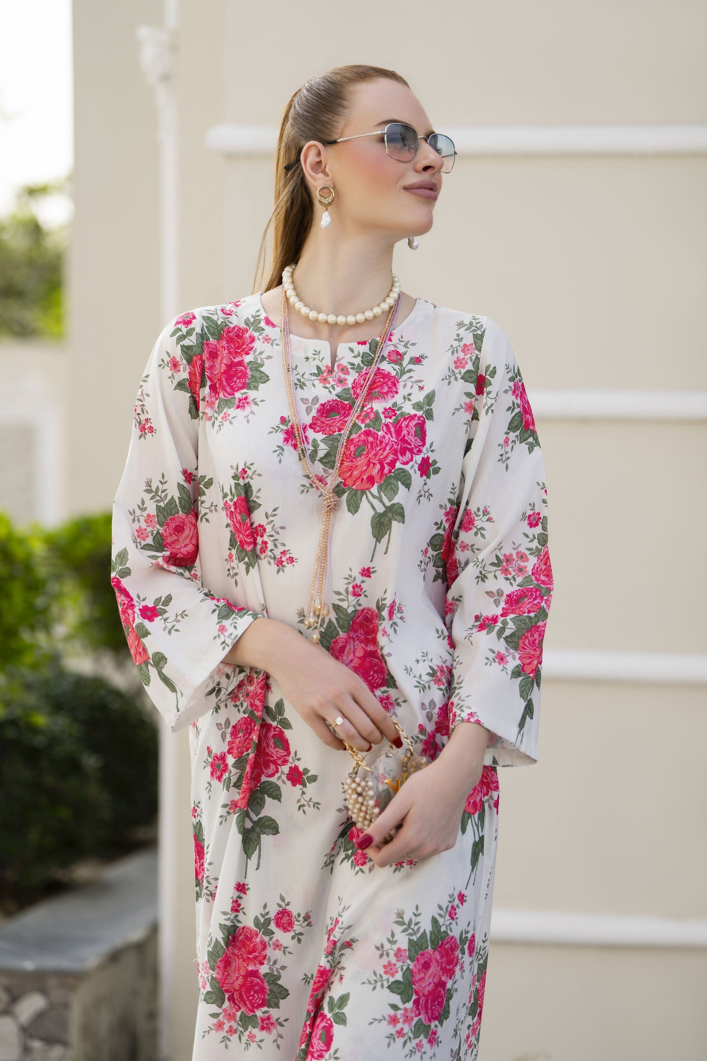 Sakeena Sheen Ivory Red Rose Printed Poly Raw Silk 2pc Kaftan – SHH7