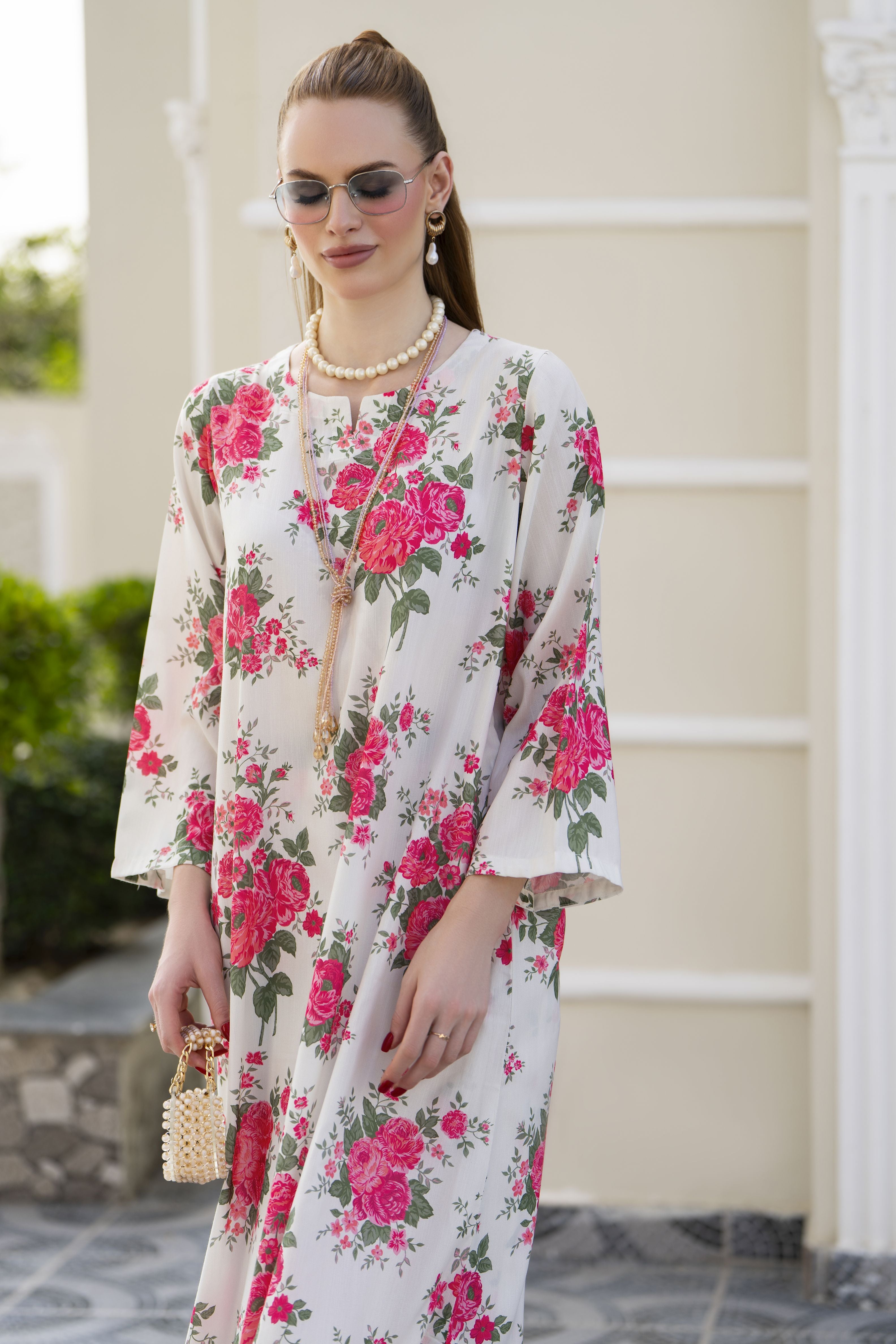 Sakeena Sheen Ivory Red Rose Printed Poly Raw Silk 2pc Kaftan – SHH7