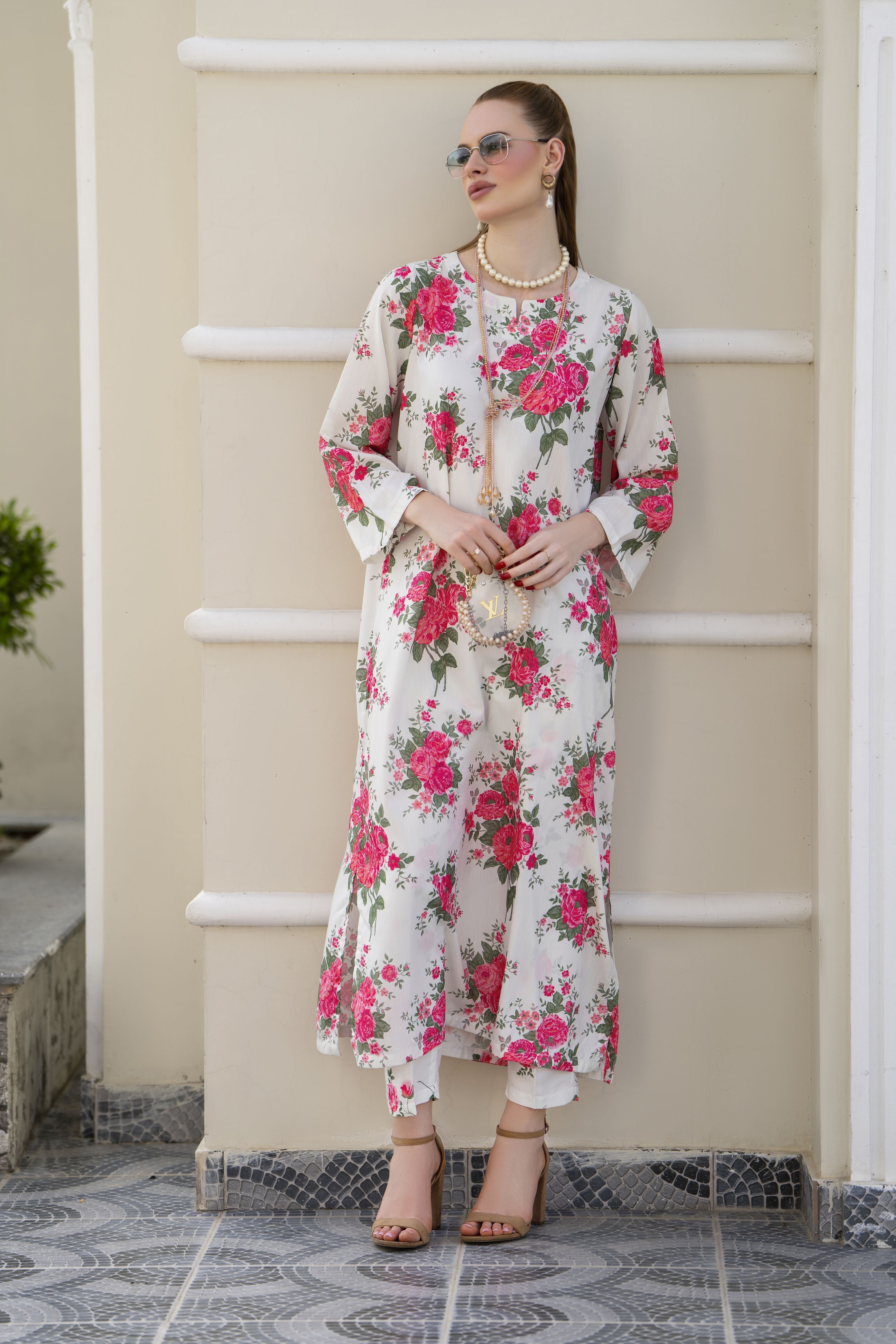Sakeena Sheen Ivory Red Rose Printed Poly Raw Silk 2pc Kaftan – SHH7