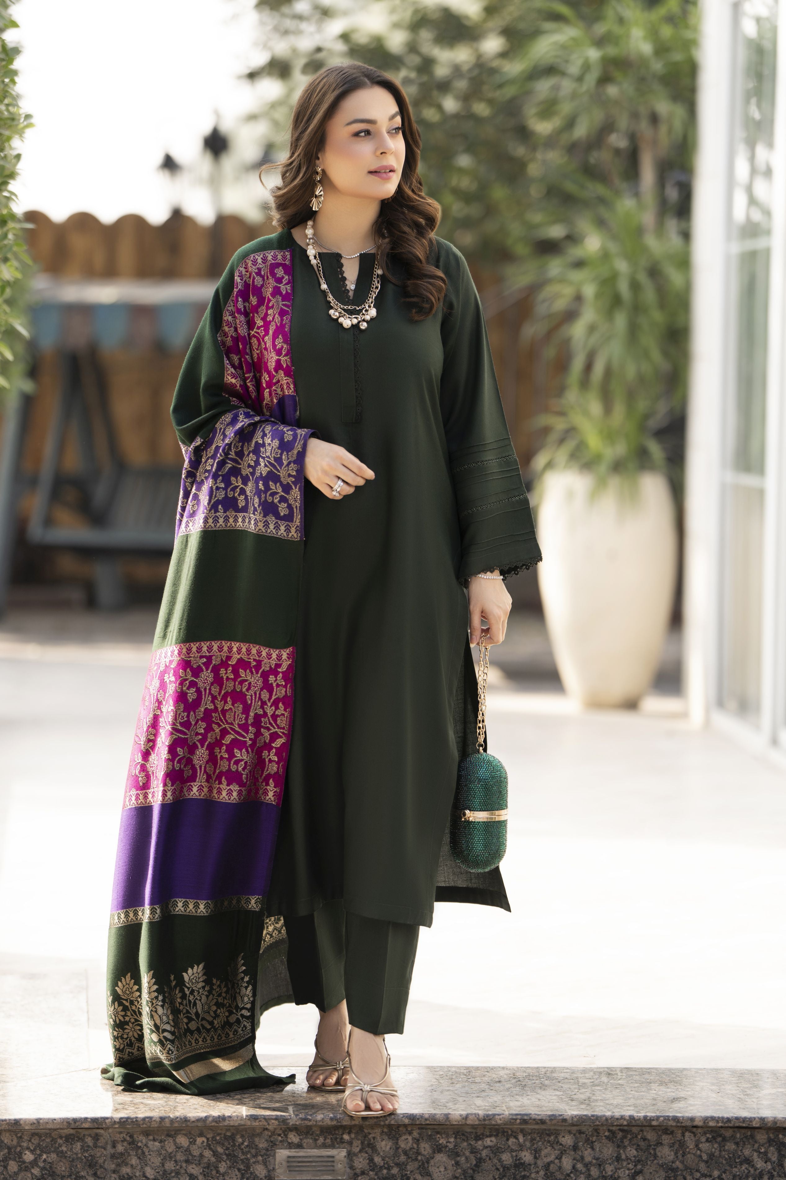 Deep Green Dhanak Long Dress with Multani Winter Shawl by Gul Warun GSR3