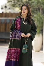 Deep Green Dhanak Long Dress with Multani Winter Shawl by Gul Warun GSR3