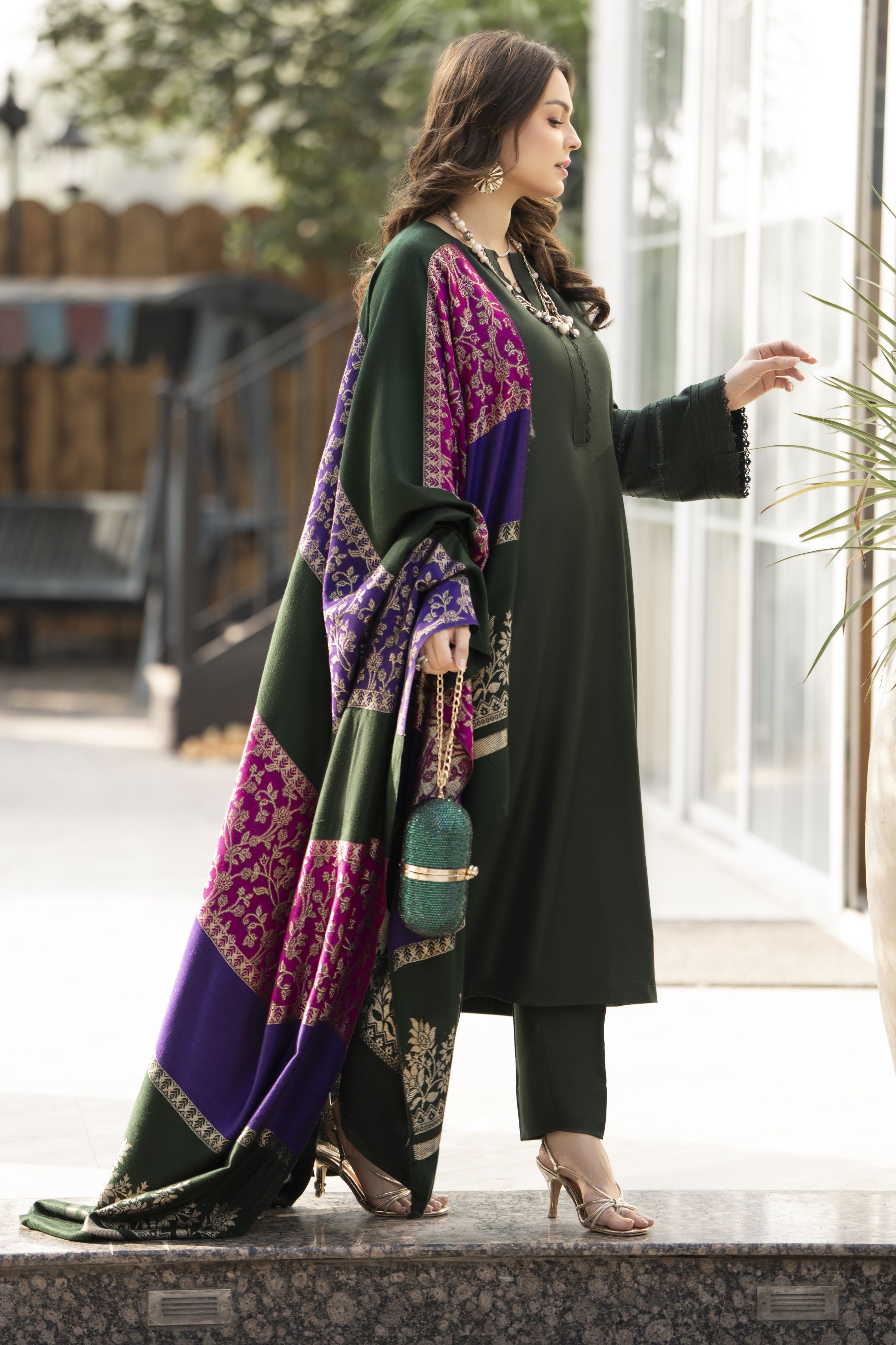 Deep Green Dhanak Long Dress with Multani Winter Shawl by Gul Warun GSR3