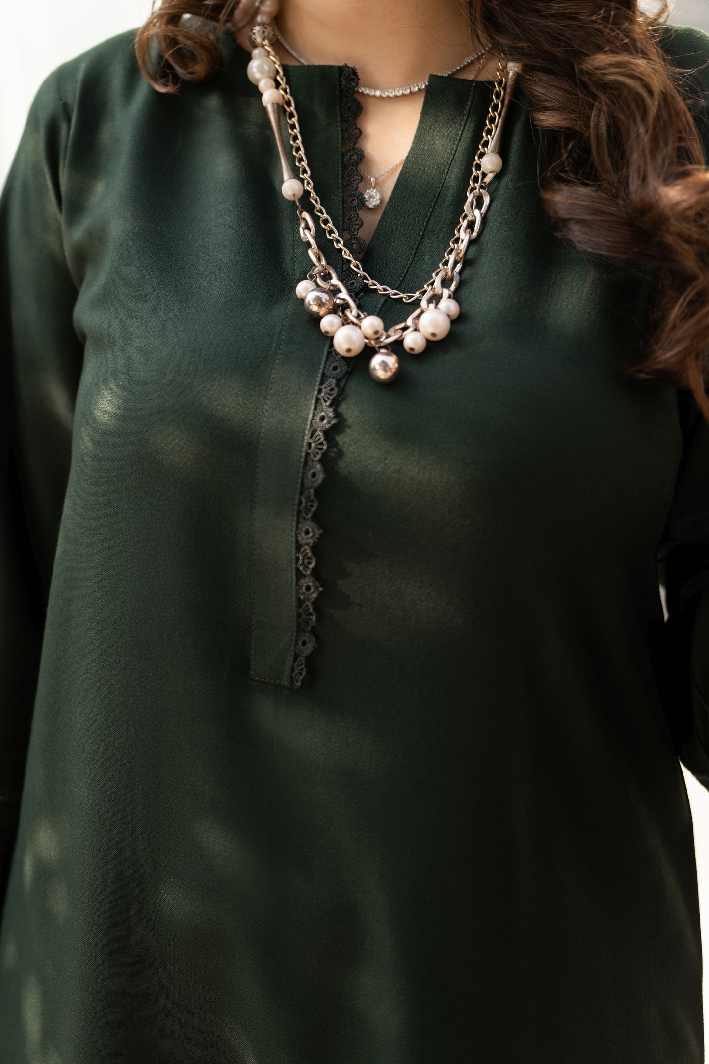 Deep Green Dhanak Long Dress with Multani Winter Shawl by Gul Warun GSR3