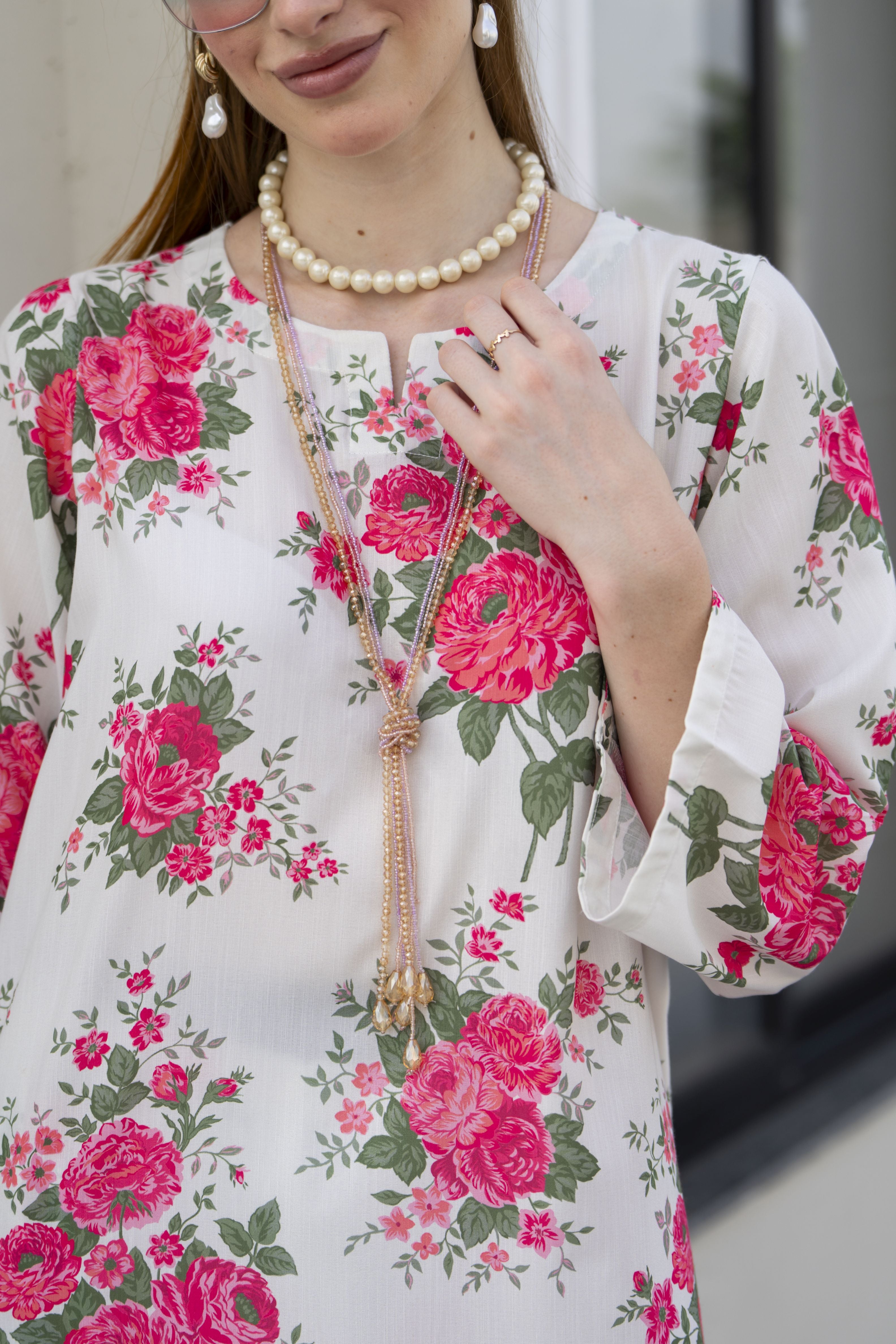 Sakeena Sheen Ivory Red Rose Printed Poly Raw Silk 2pc Kaftan – SHH7
