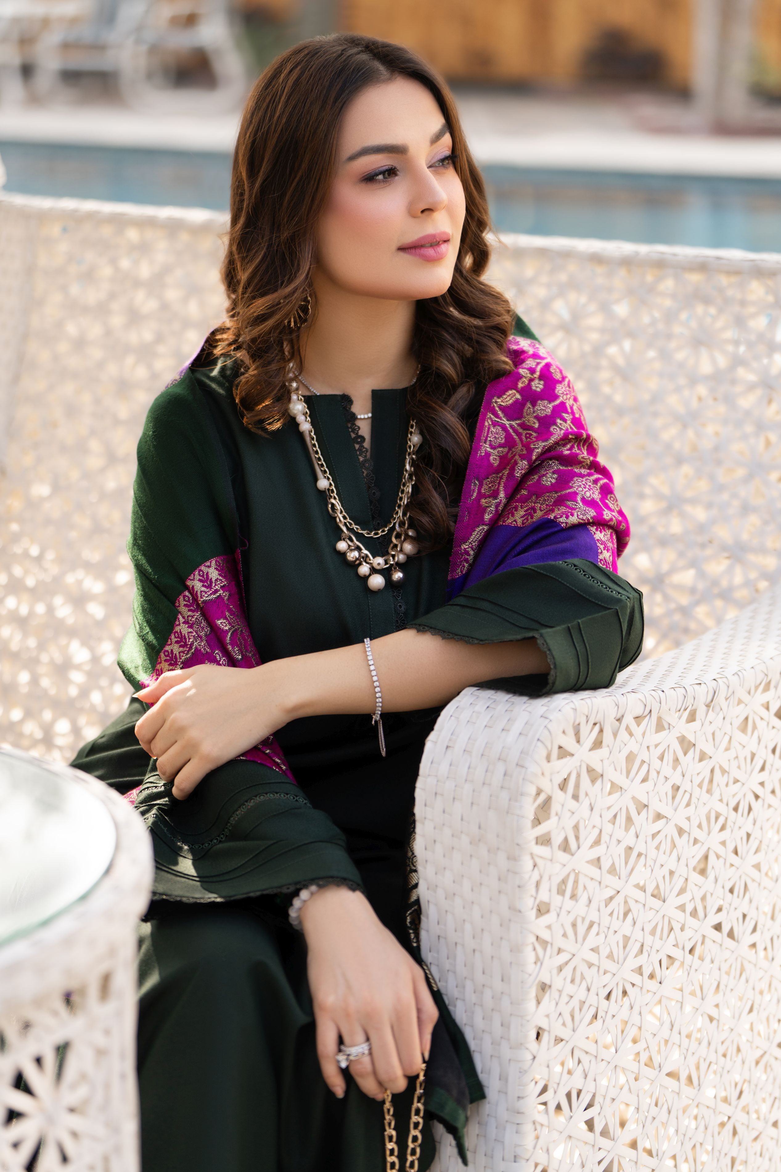 Deep Green Dhanak Long Dress with Multani Winter Shawl by Gul Warun GSR3