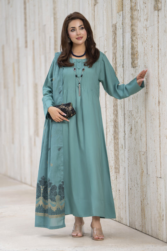 Aleezay 3pc Sage Green Viscose Suit with Floral Jacquard Dupatta – JAL6