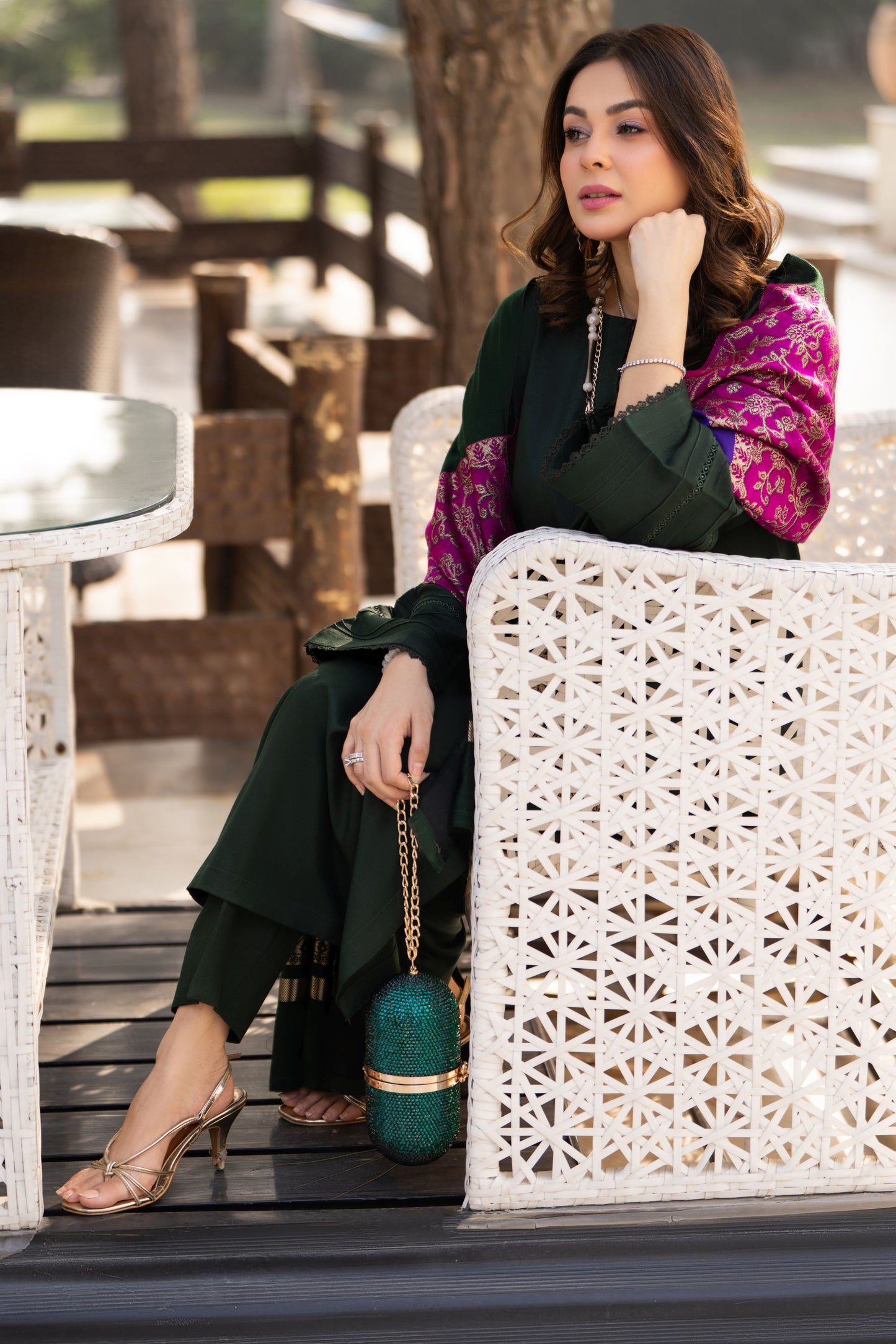 Deep Green Dhanak Long Dress with Multani Winter Shawl by Gul Warun GSR3