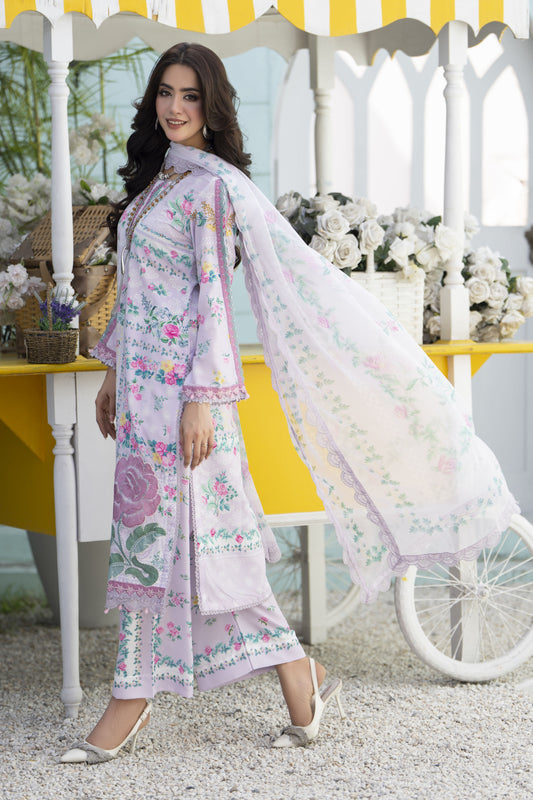 3pc Printed & Embroidered Lawn Suit with Chiffon Dupatta RES1