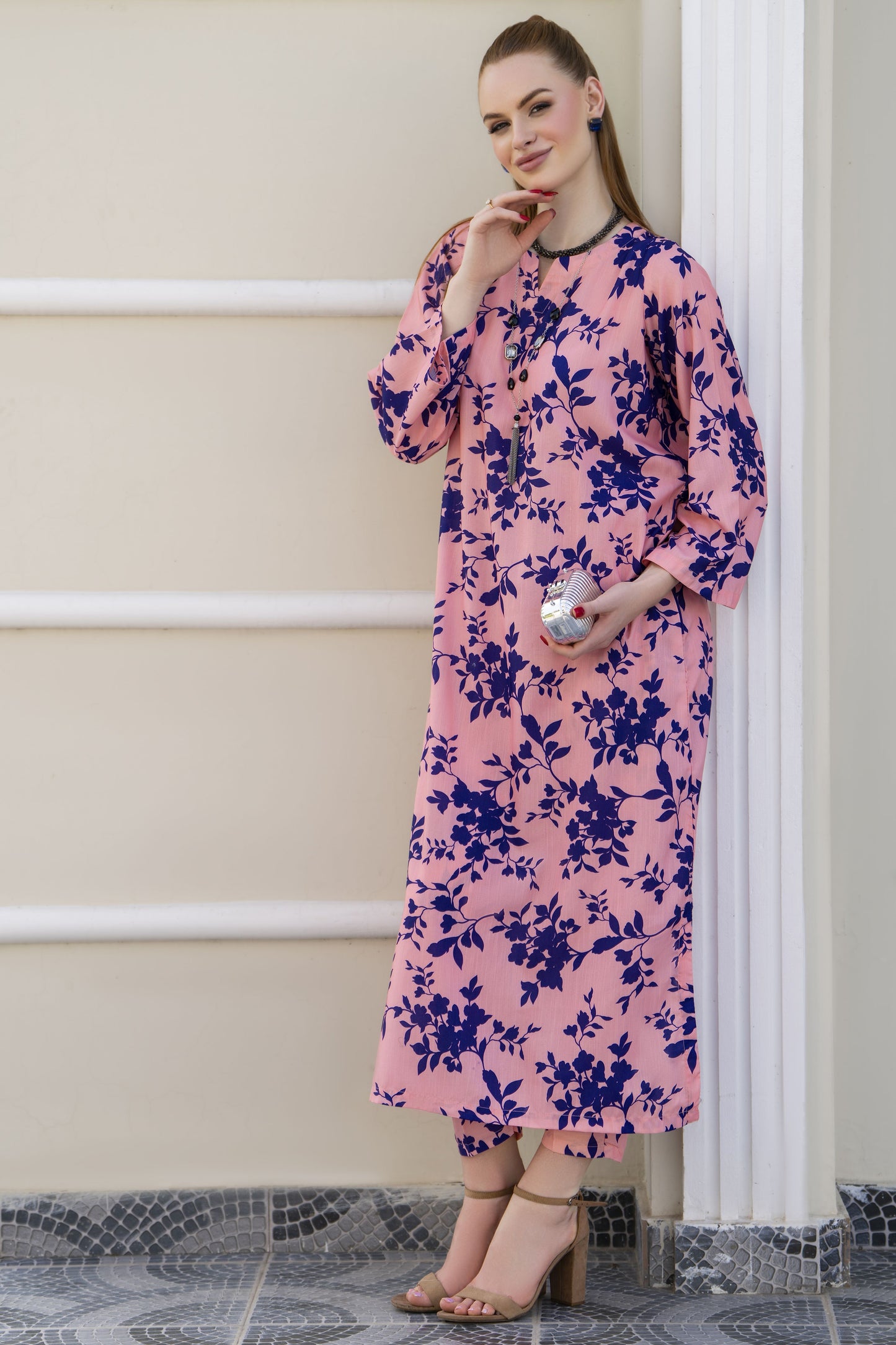 Sakeena Sheen Pink Floral Printed Poly Raw Silk 2pc Kaftan – SHH1