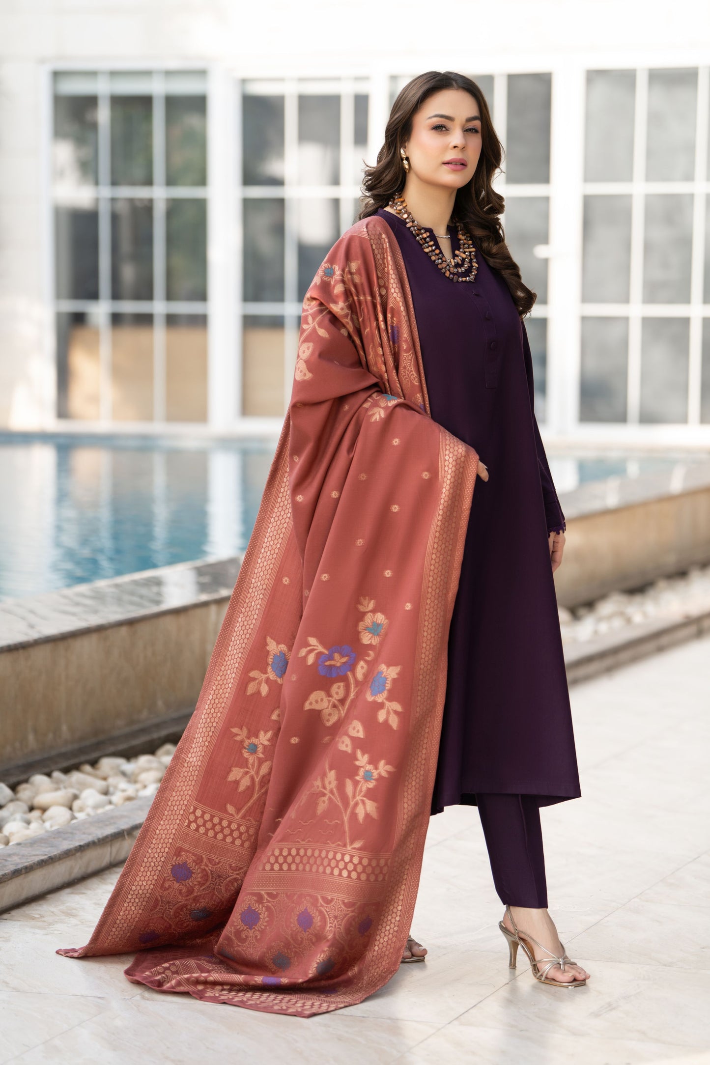 Purple Dhanak Long Dress with Warm Multani Shawl by Gul Warun GSR2