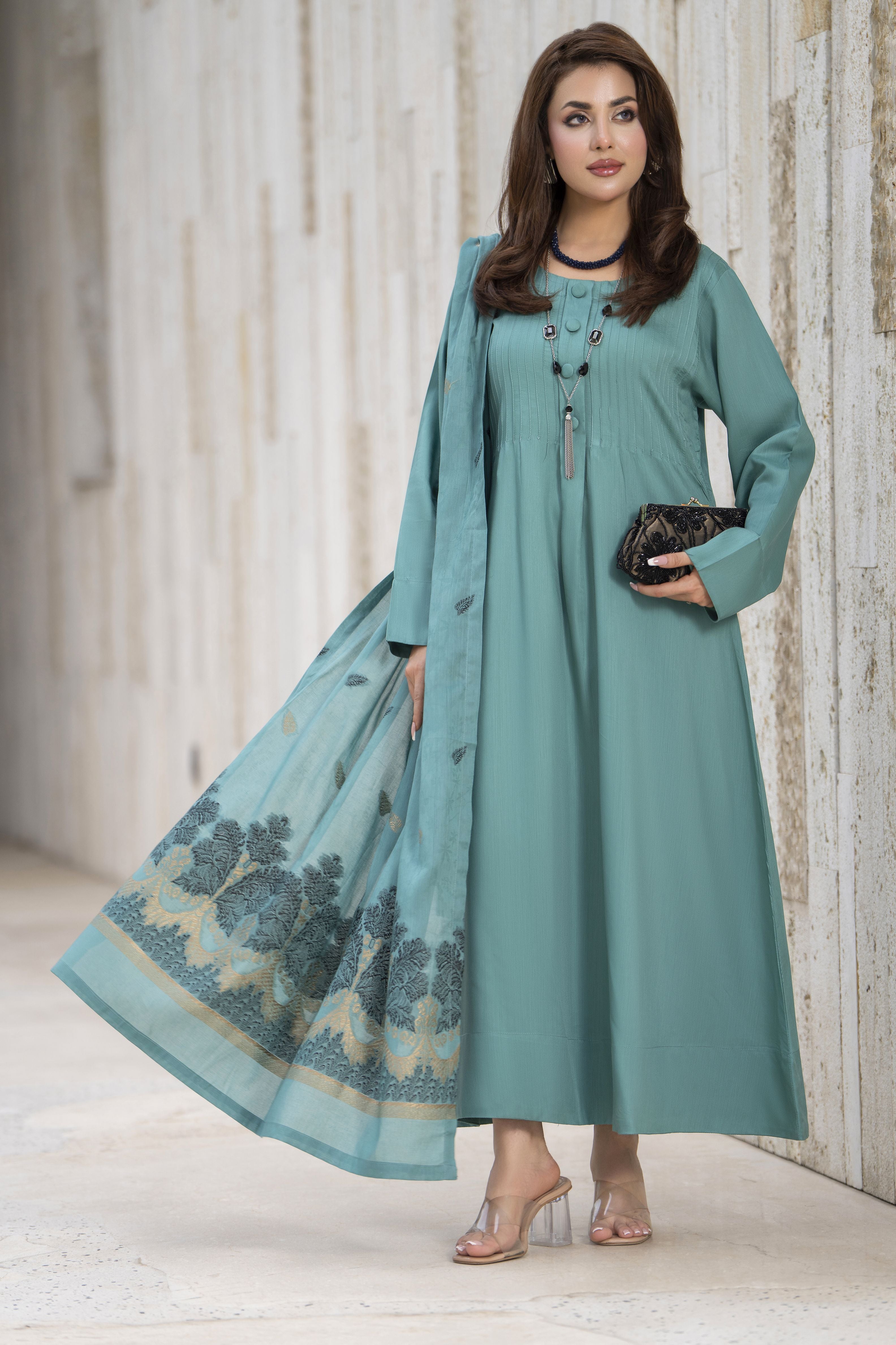 Aleezay 3pc Sage Green Viscose Suit with Floral Jacquard Dupatta – JAL6