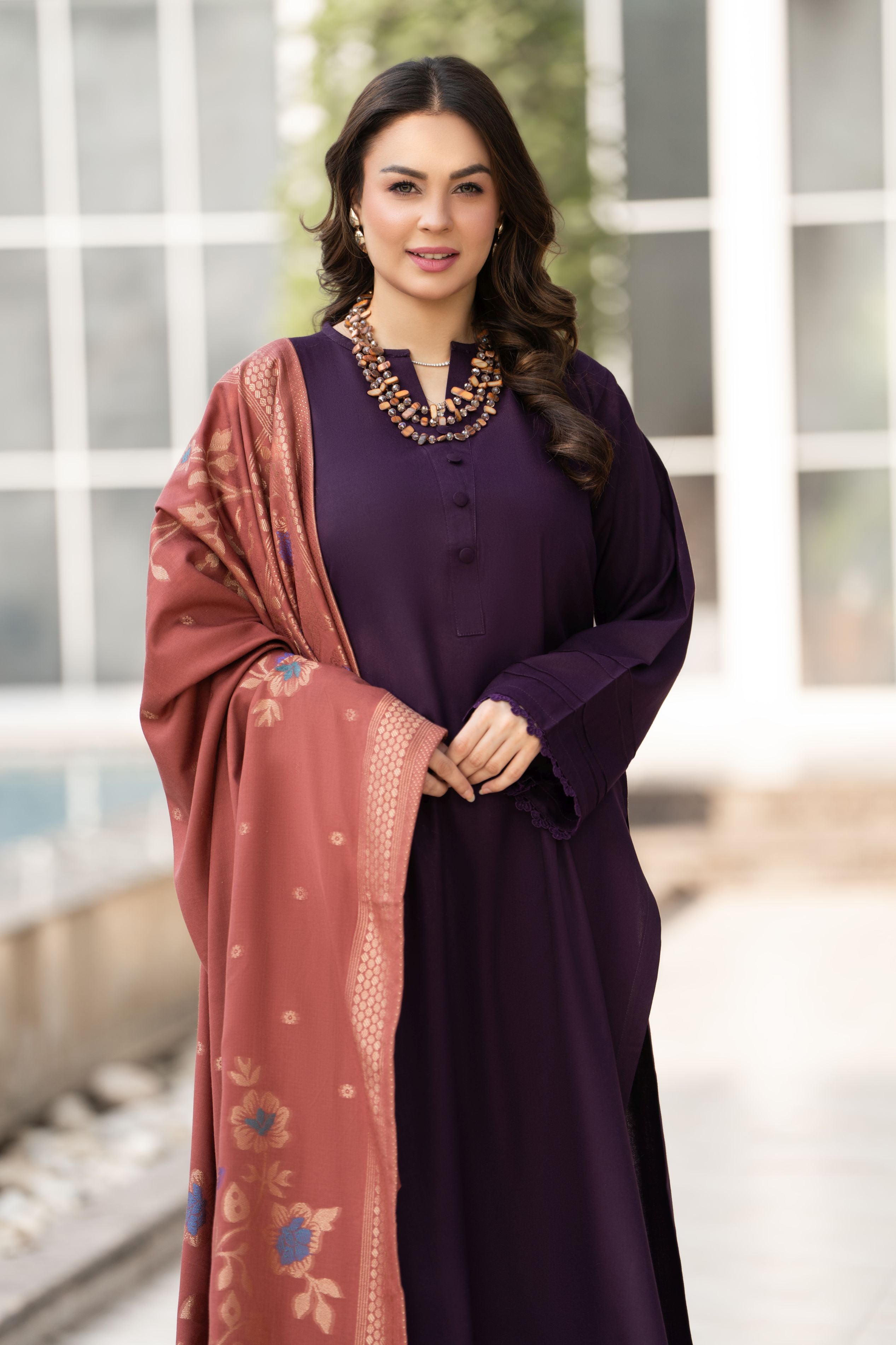 Purple Dhanak Long Dress with Warm Multani Shawl by Gul Warun GSR2