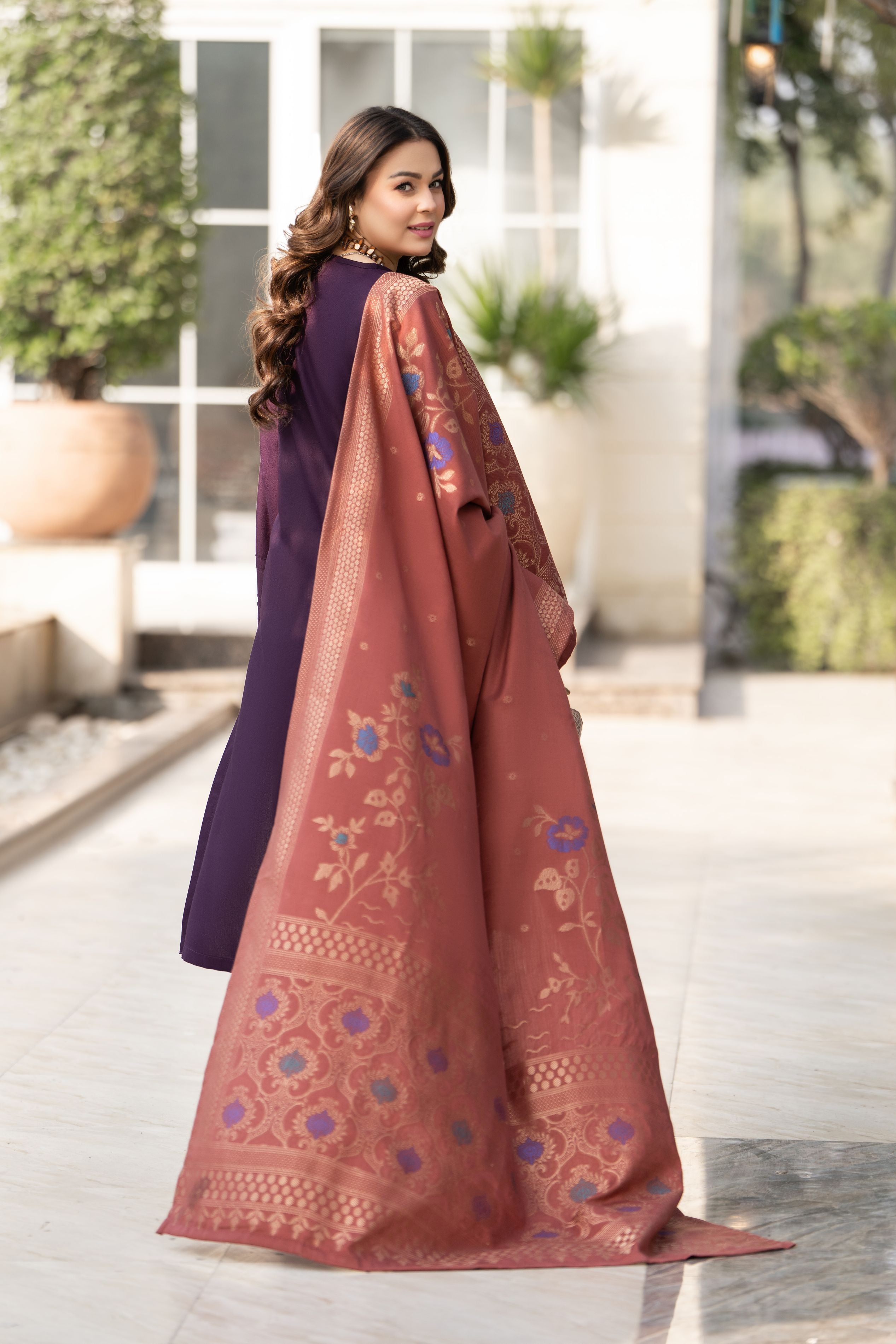 Purple Dhanak Long Dress with Warm Multani Shawl by Gul Warun GSR2