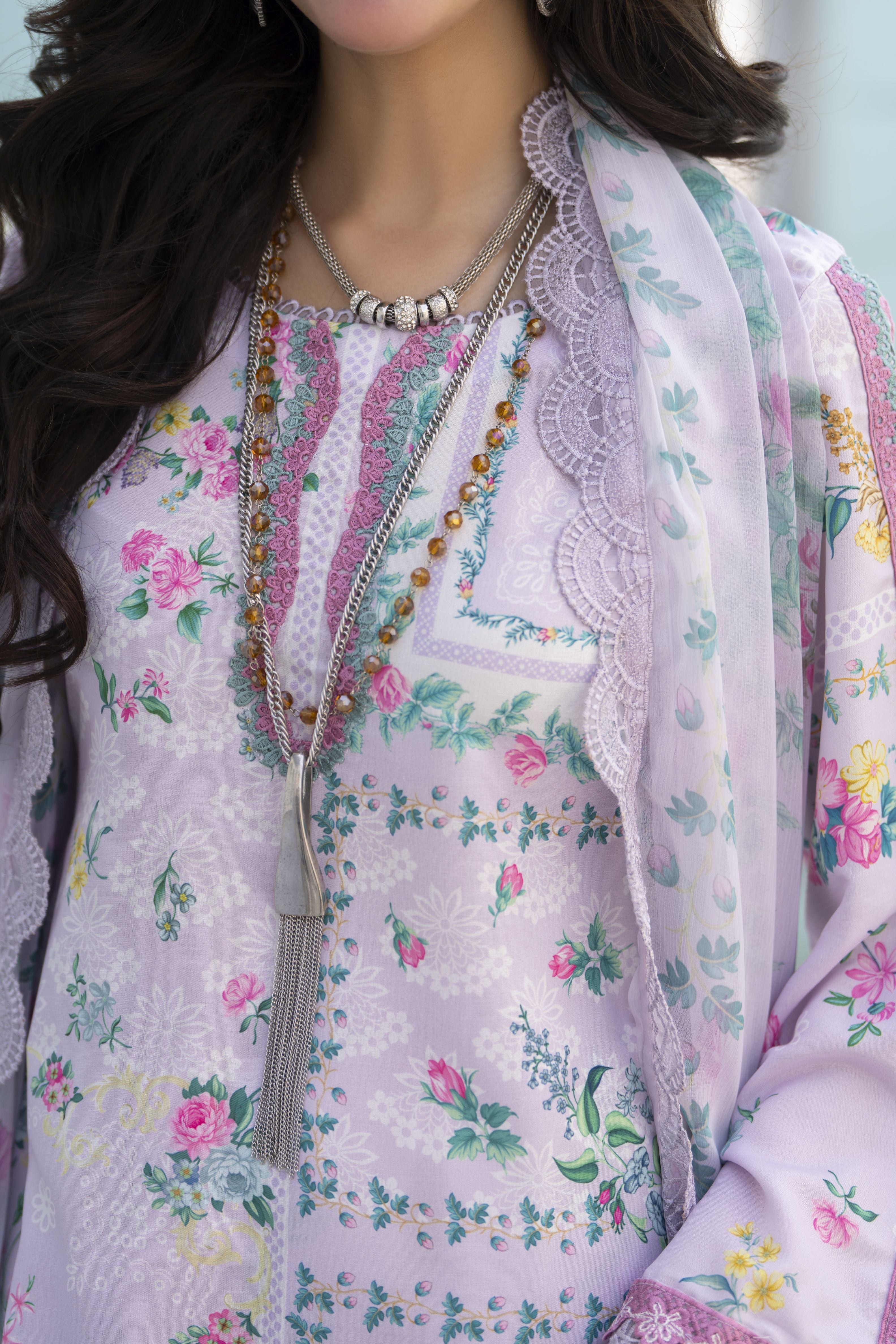 3pc Printed & Embroidered Lawn Suit with Chiffon Dupatta RES1