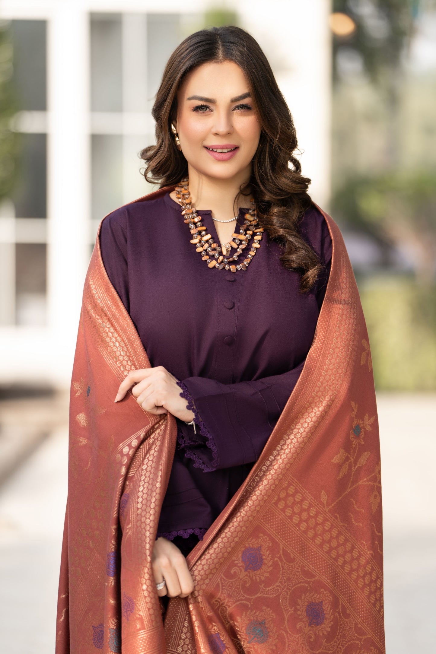 Purple Dhanak Long Dress with Warm Multani Shawl by Gul Warun GSR2