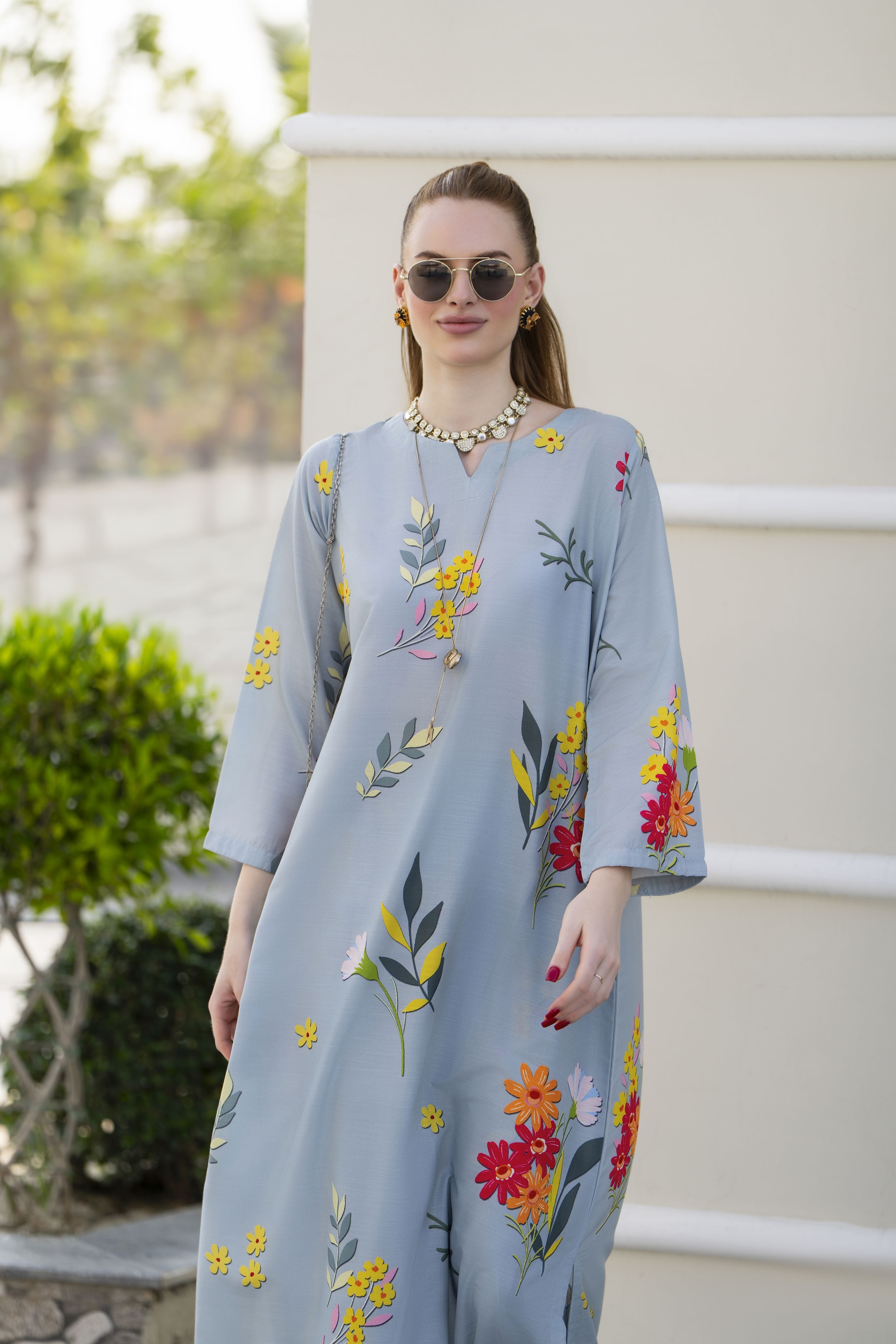 Sakeena Sheen Grey Multicolour Floral Printed Poly Raw Silk 2pc Kaftan – SHH8