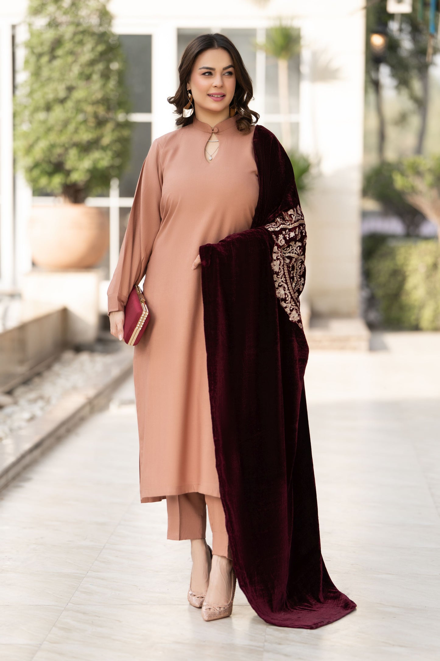 Peach Dhanak Winter Dress with Velvet Shawl by Gul Warun GSR10