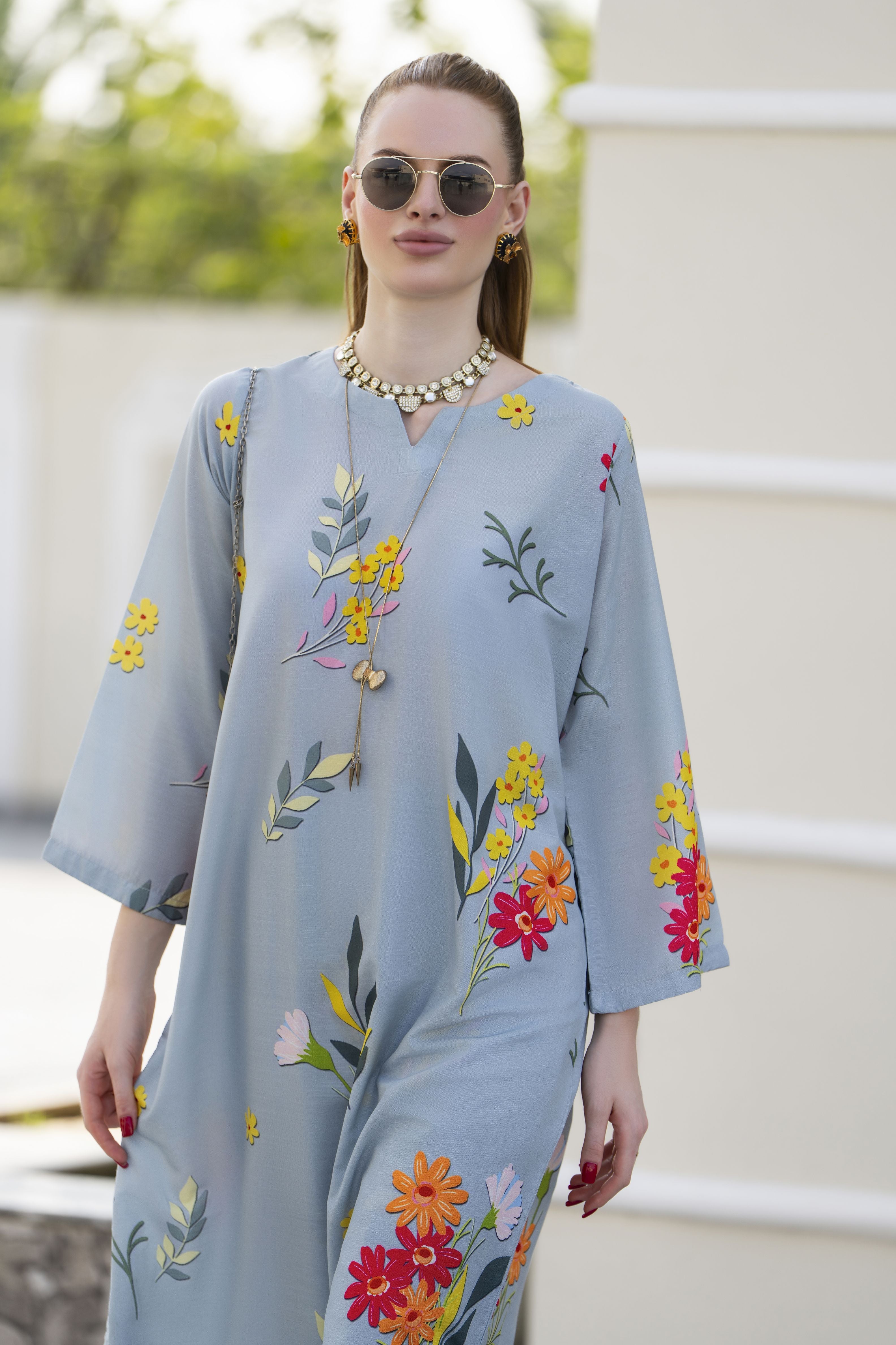 Sakeena Sheen Grey Multicolour Floral Printed Poly Raw Silk 2pc Kaftan – SHH8