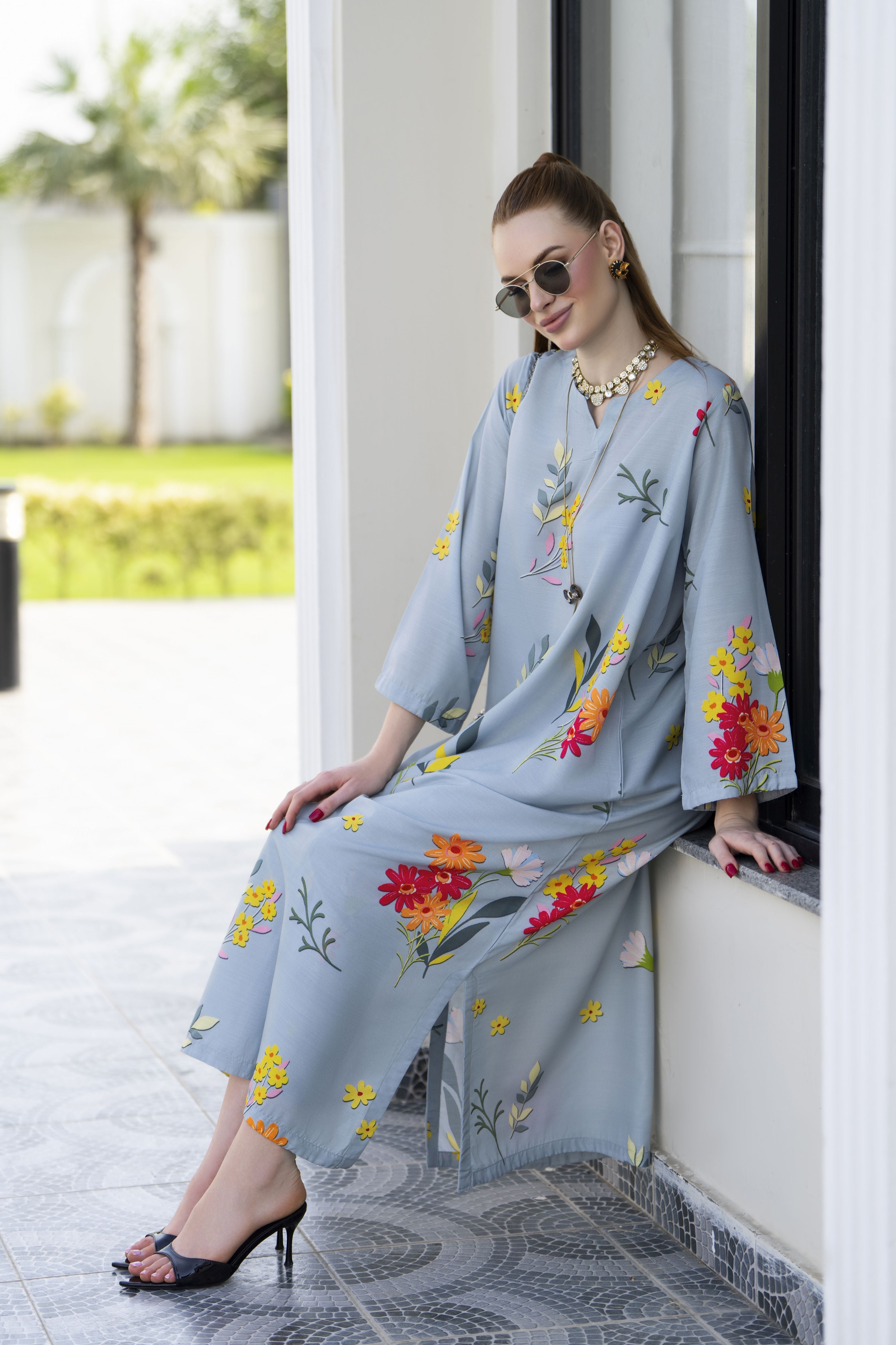 Sakeena Sheen Grey Multicolour Floral Printed Poly Raw Silk 2pc Kaftan – SHH8