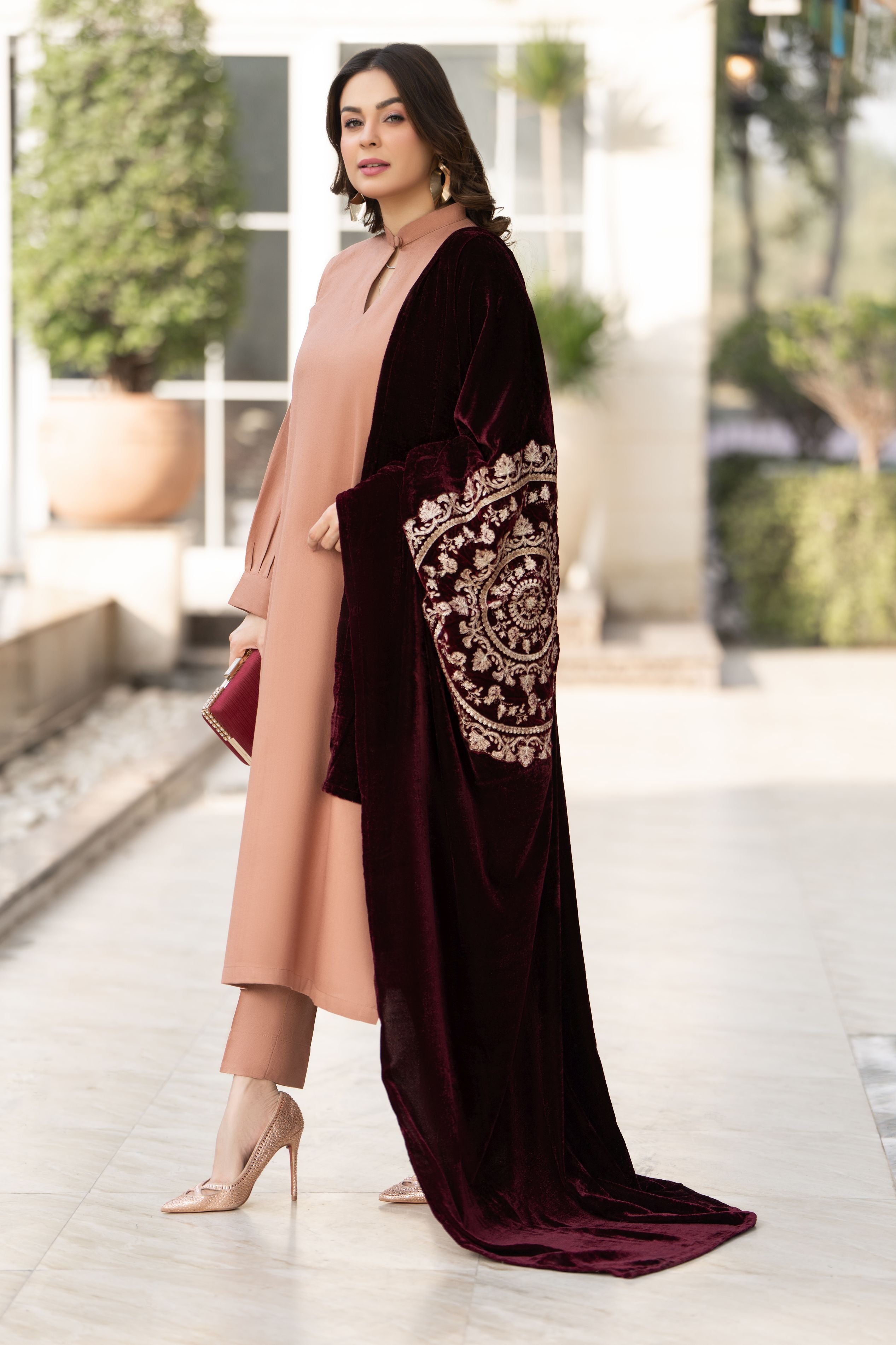 Peach Dhanak Winter Dress with Velvet Shawl by Gul Warun GSR10