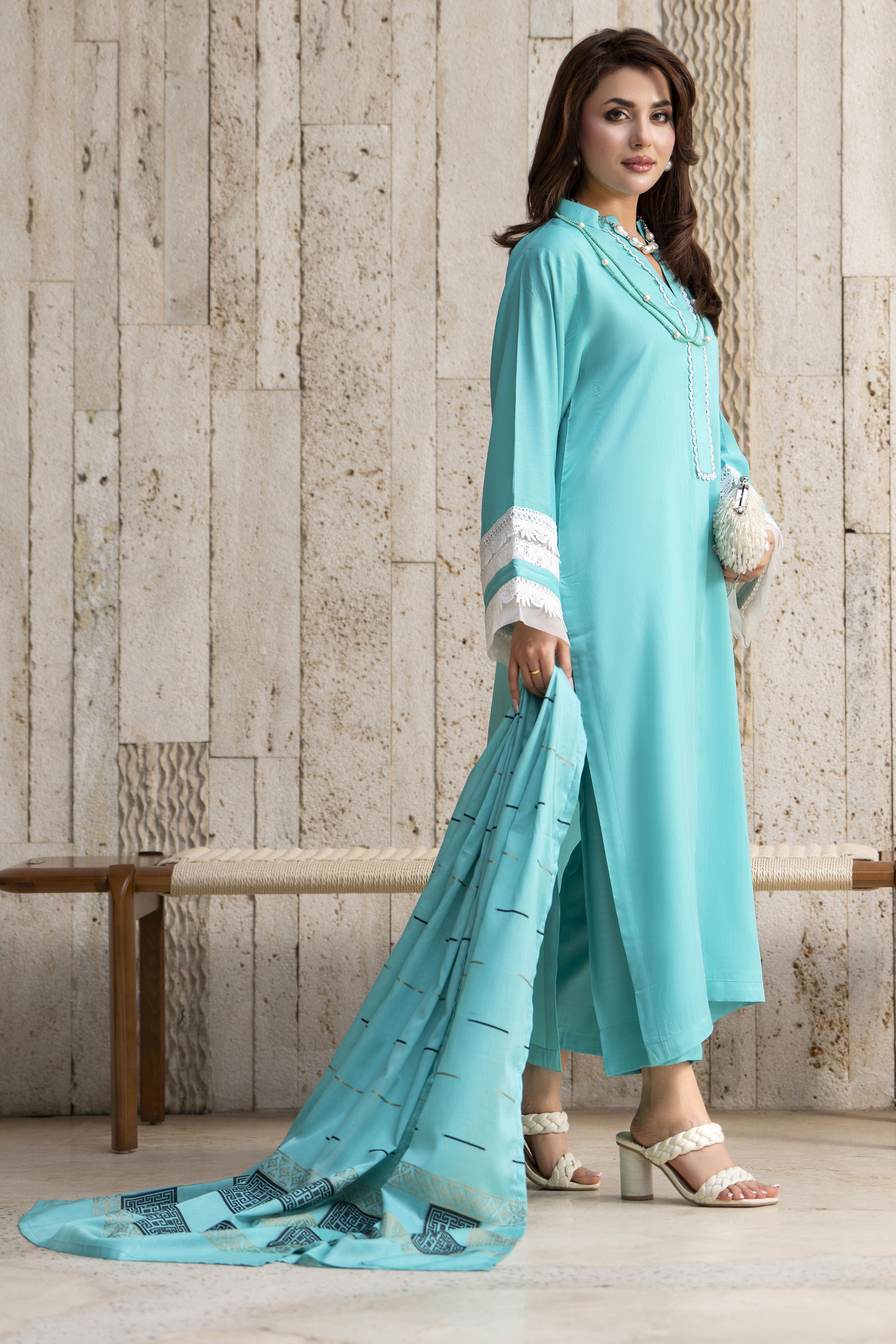 Aleezay 3pc Aqua Blue Viscose Suit with Jacquard Dupatta – JAL2