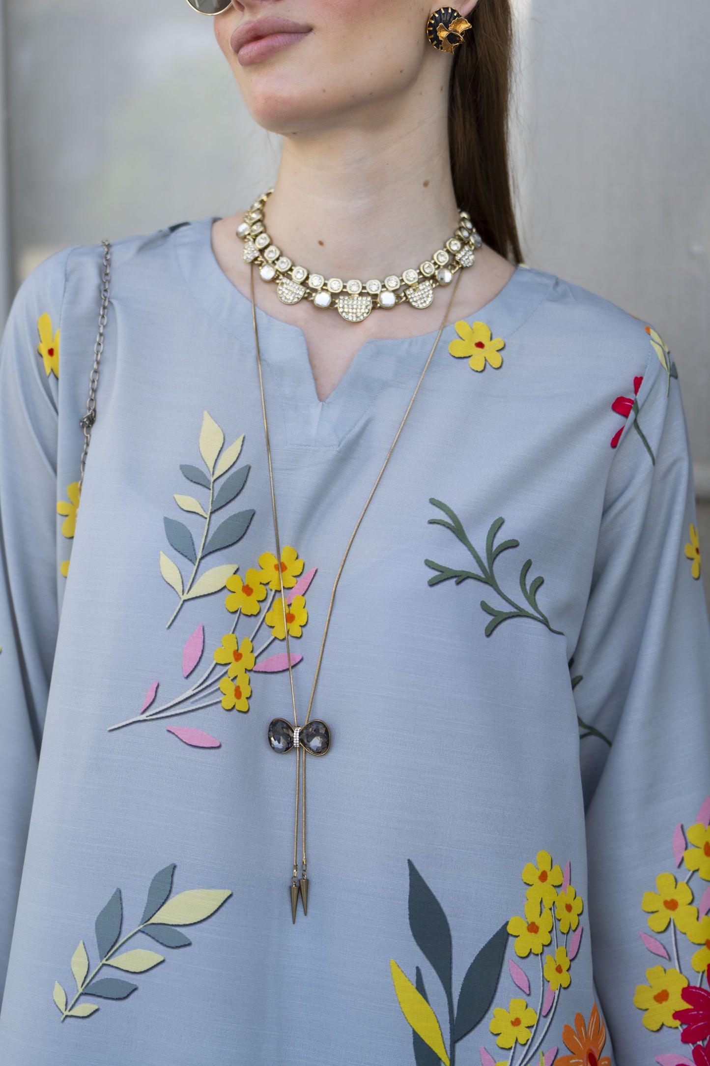 Sakeena Sheen Grey Multicolour Floral Printed Poly Raw Silk 2pc Kaftan – SHH8