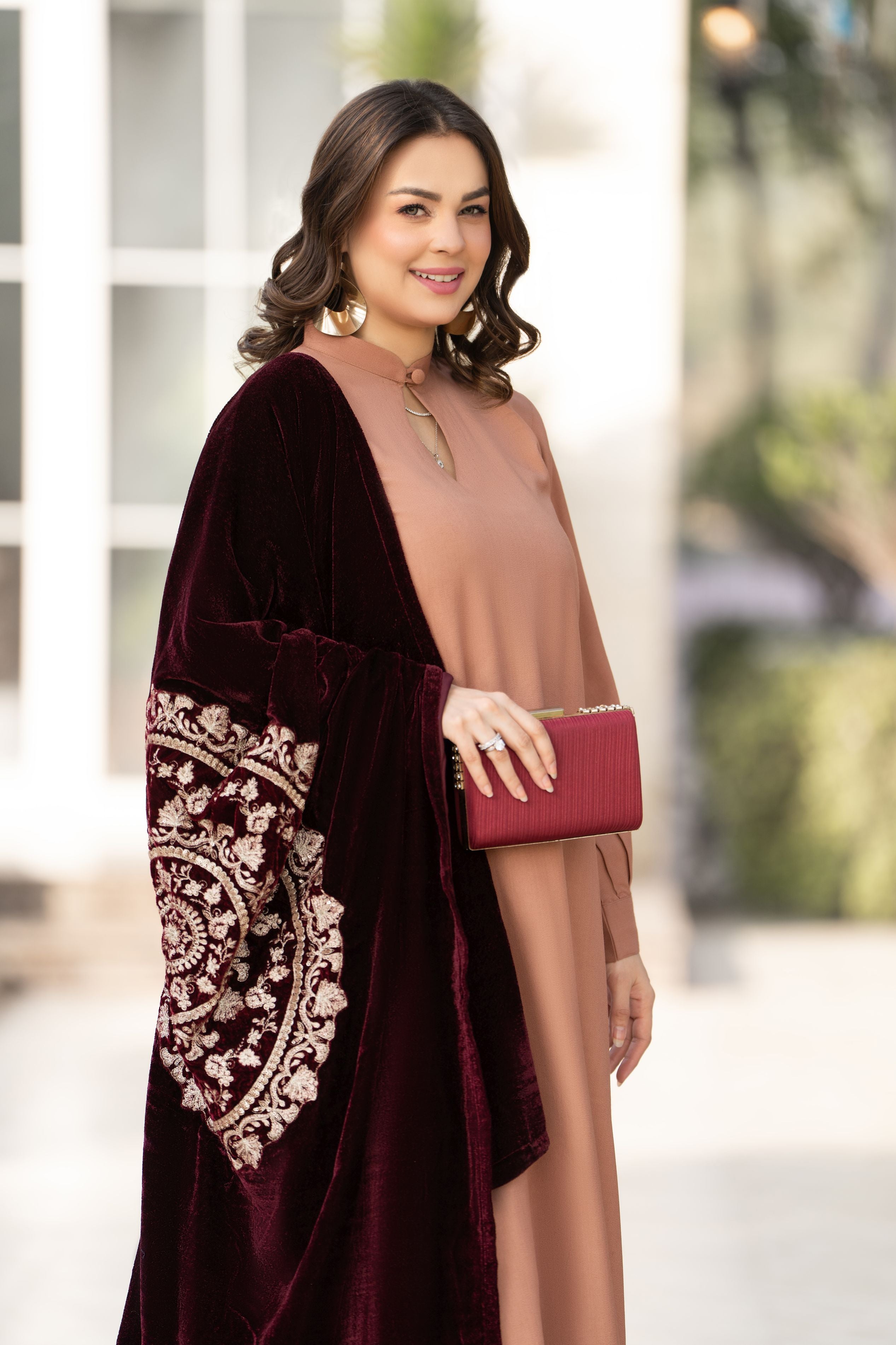 Peach Dhanak Winter Dress with Velvet Shawl by Gul Warun GSR10