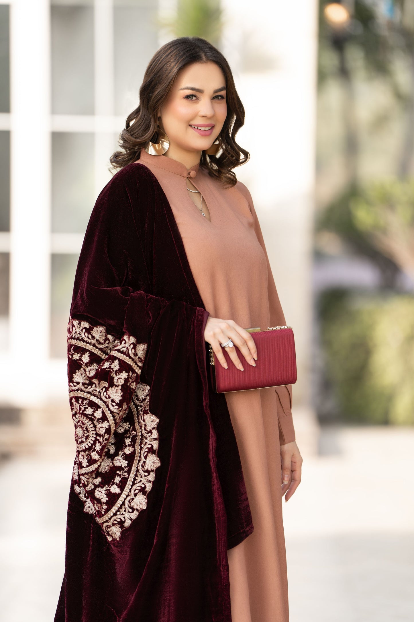 Peach Dhanak Winter Dress with Velvet Shawl by Gul Warun GSR10