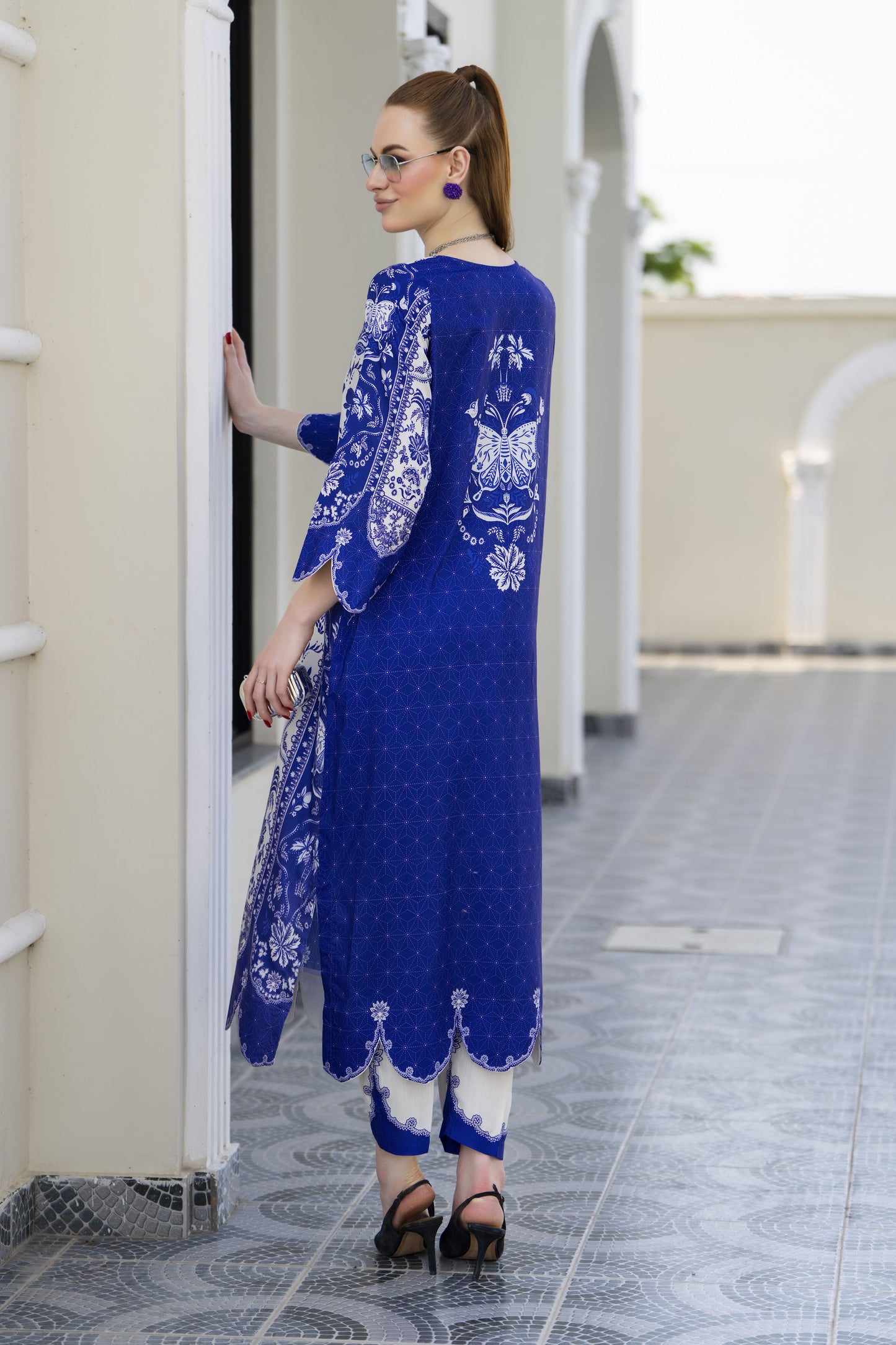 Sakeena Sheen Royal Blue & Ivory Printed Poly Raw Silk 2pc Kaftan – SHH10