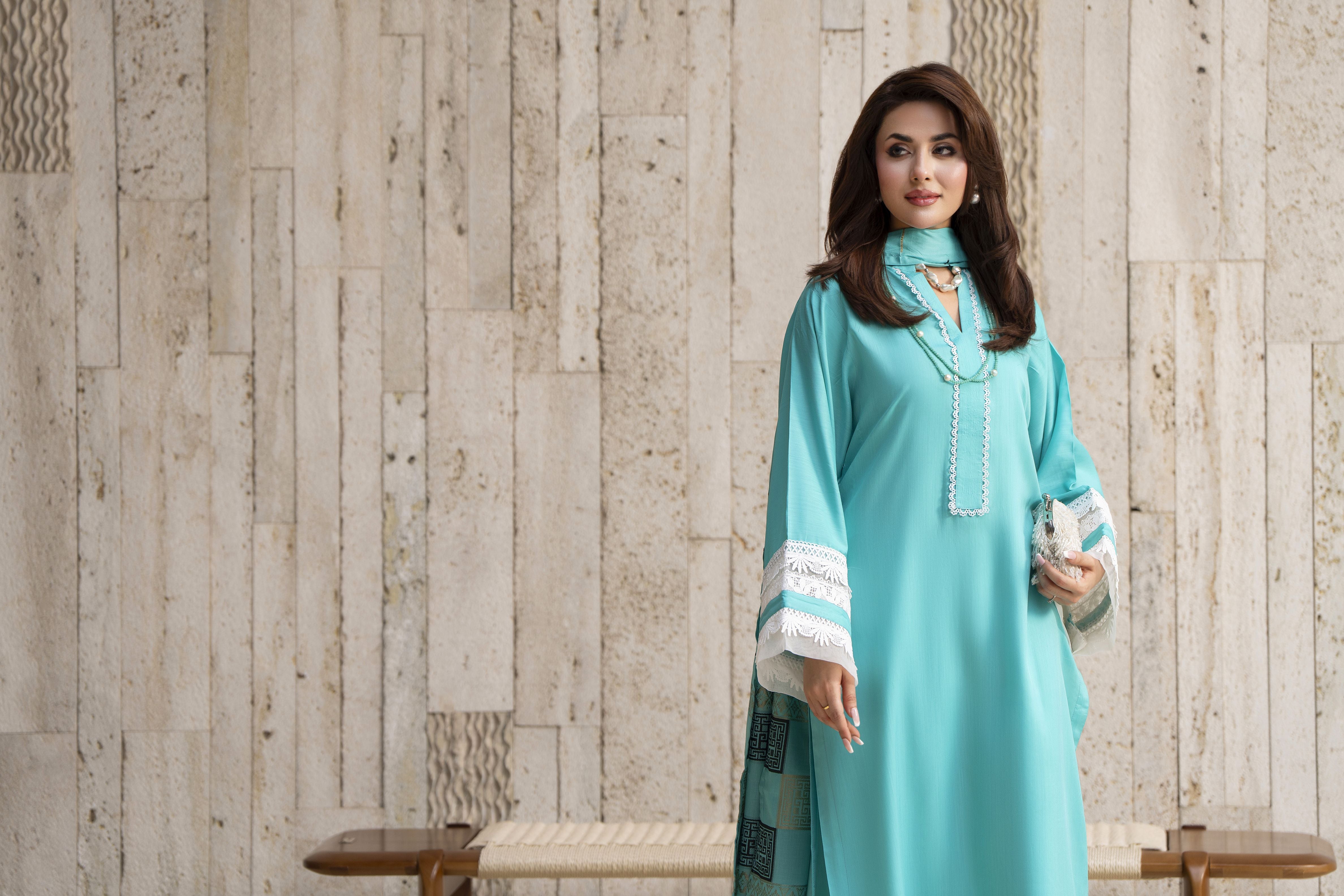 Aleezay 3pc Aqua Blue Viscose Suit with Jacquard Dupatta – JAL2