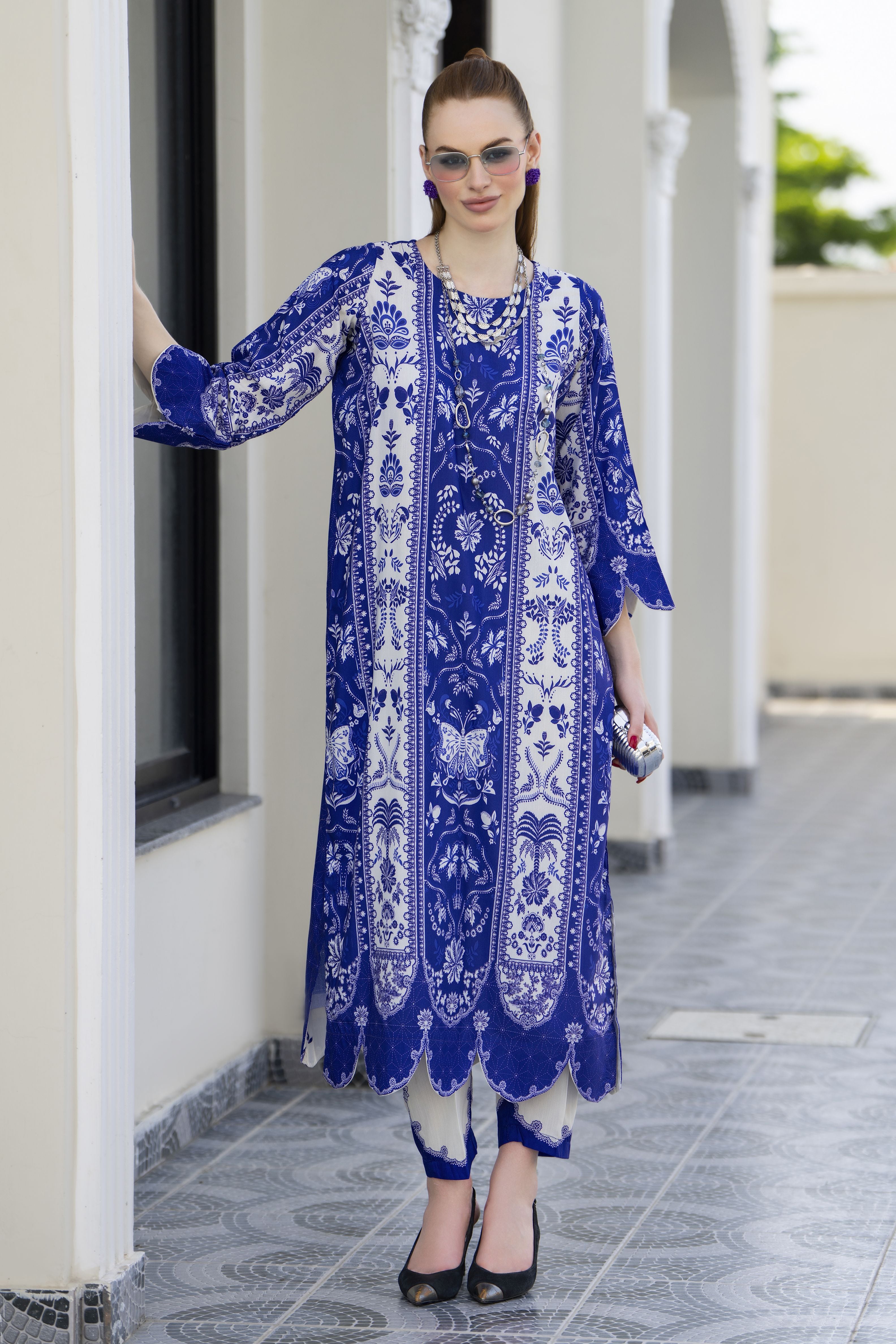 Sakeena Sheen Royal Blue & Ivory Printed Poly Raw Silk 2pc Kaftan – SHH10