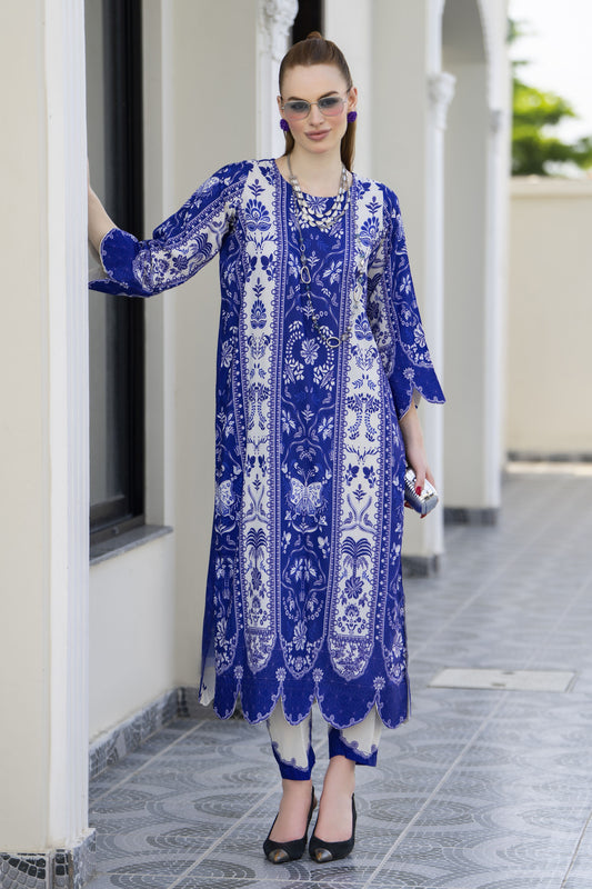 Sakeena Sheen Royal Blue & Ivory Printed Poly Raw Silk 2pc Kaftan – SHH10