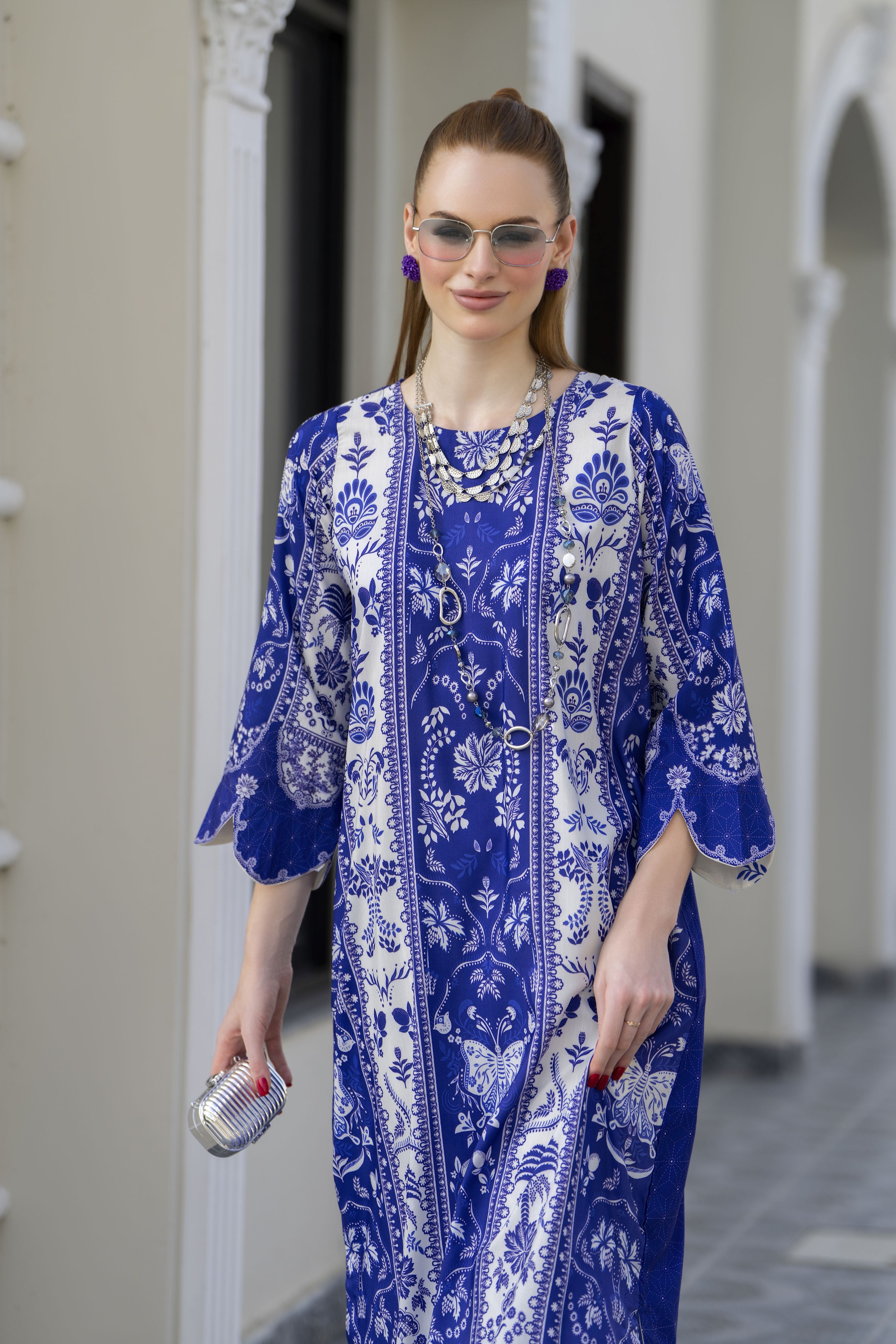 Sakeena Sheen Royal Blue & Ivory Printed Poly Raw Silk 2pc Kaftan – SHH10