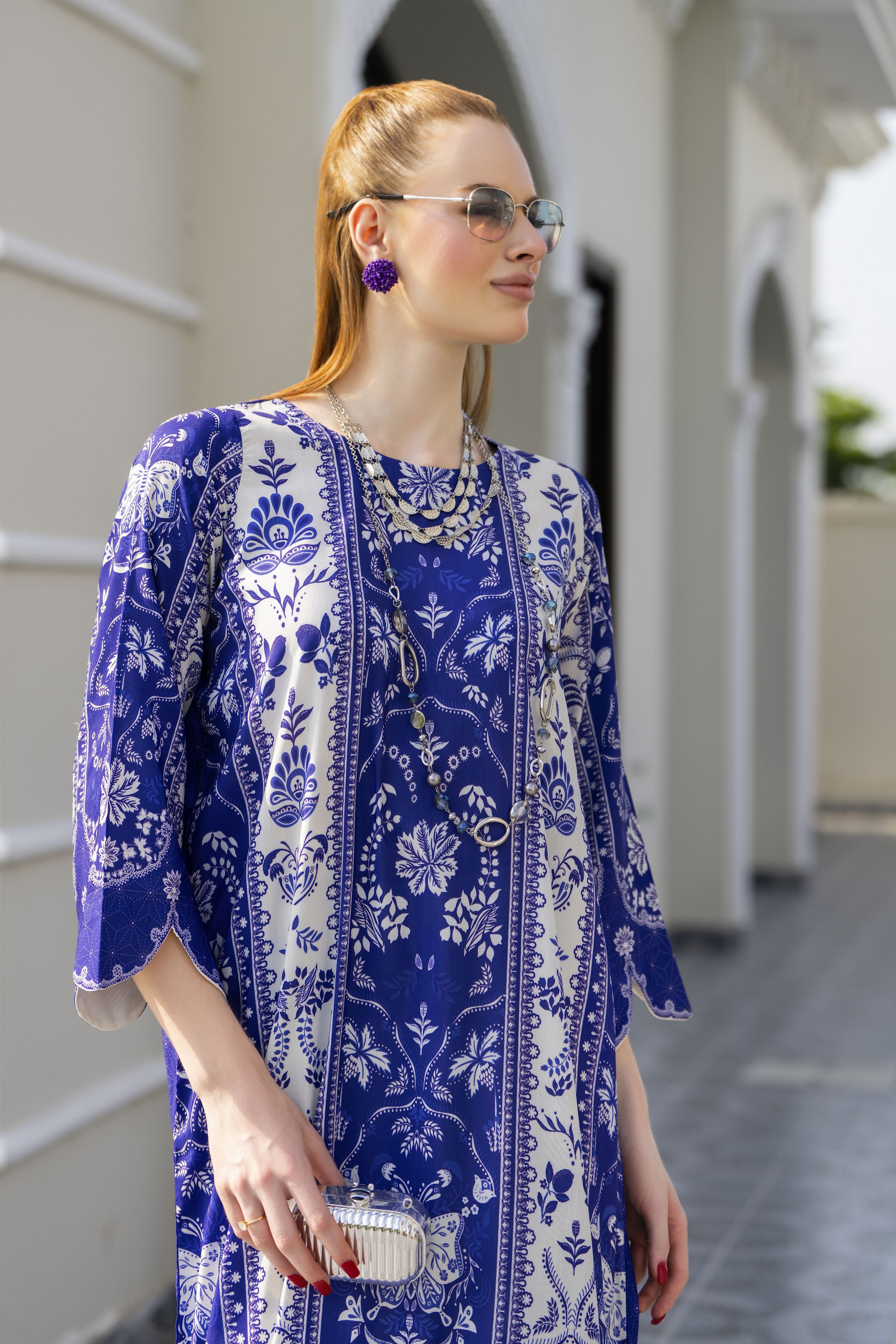 Sakeena Sheen Royal Blue & Ivory Printed Poly Raw Silk 2pc Kaftan – SHH10