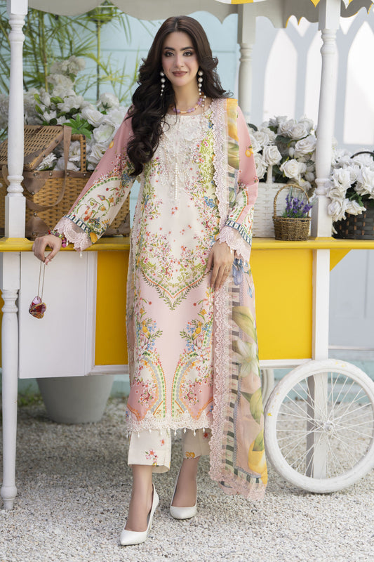 3pc Printed & Embroidered Lawn Suit with Chiffon Dupatta RES12