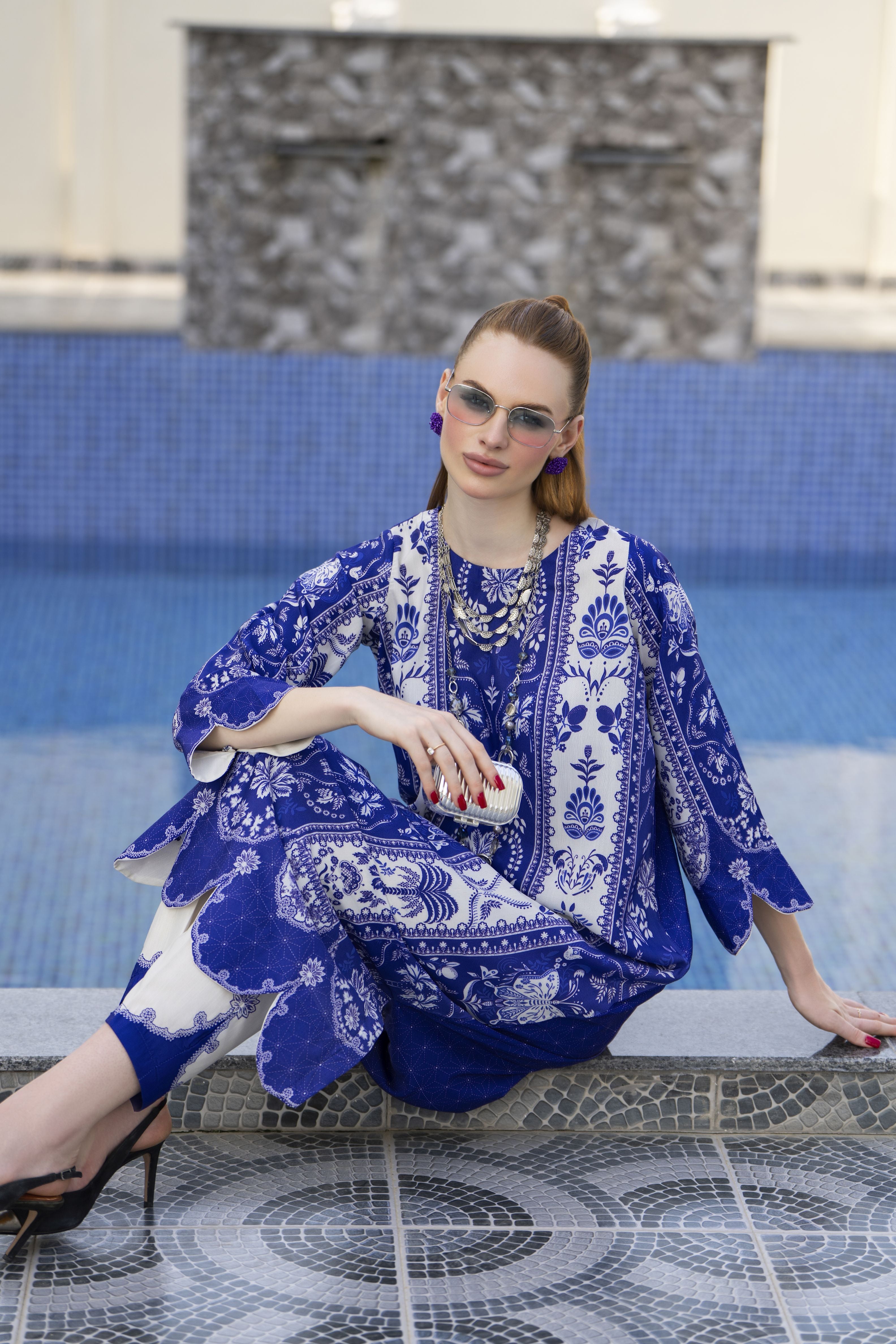 Sakeena Sheen Royal Blue & Ivory Printed Poly Raw Silk 2pc Kaftan – SHH10
