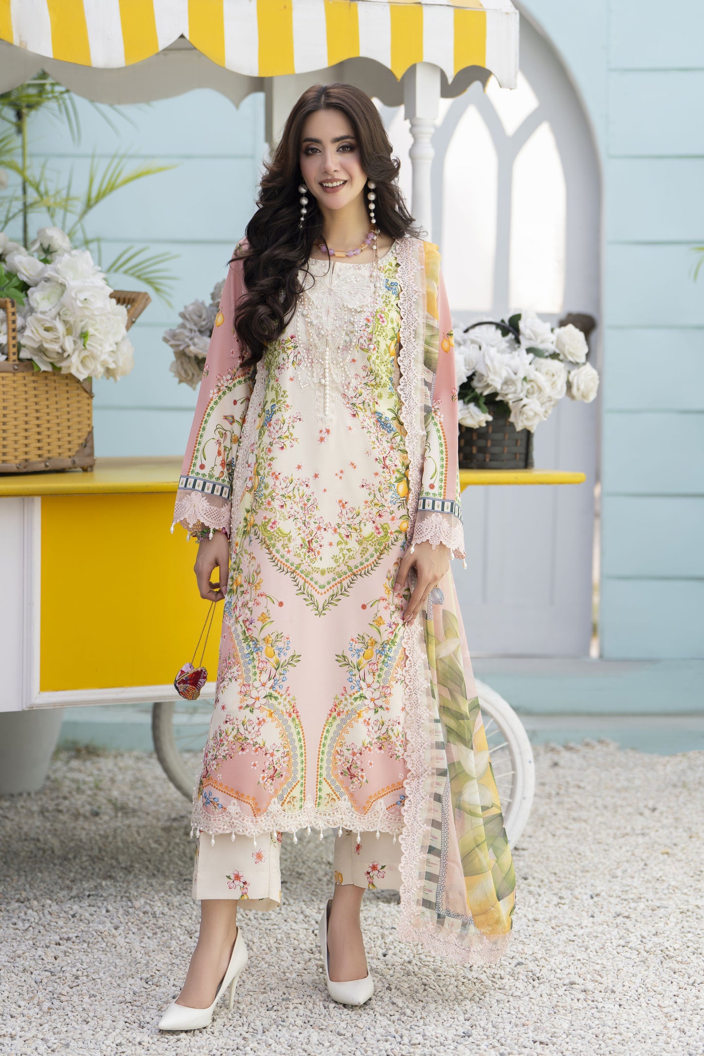 3pc Printed & Embroidered Lawn Suit with Chiffon Dupatta RES12