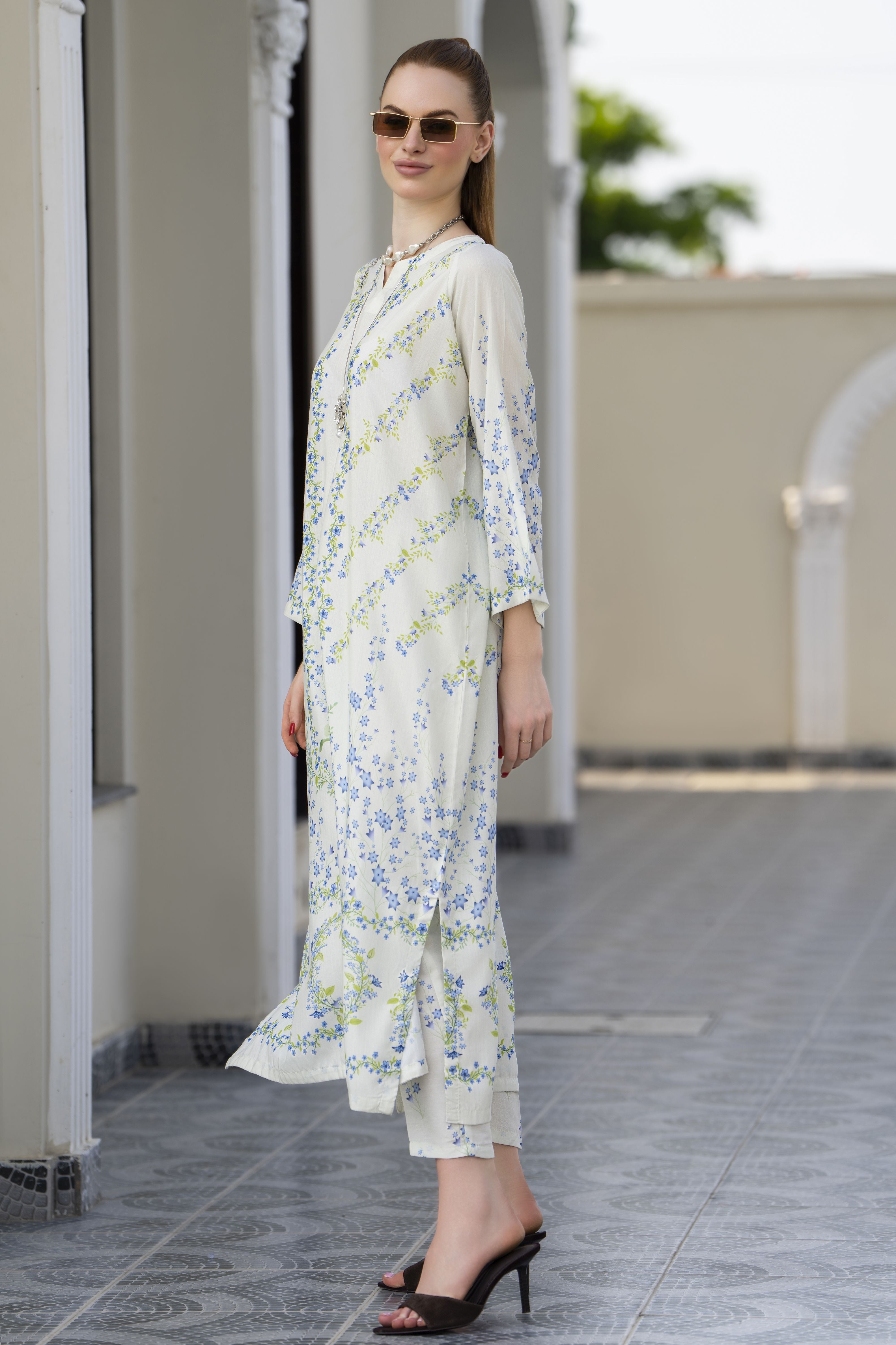 Sakeena Sheen Ivory Blue Floral Printed Poly Raw Silk 2pc Kaftan – SHH5