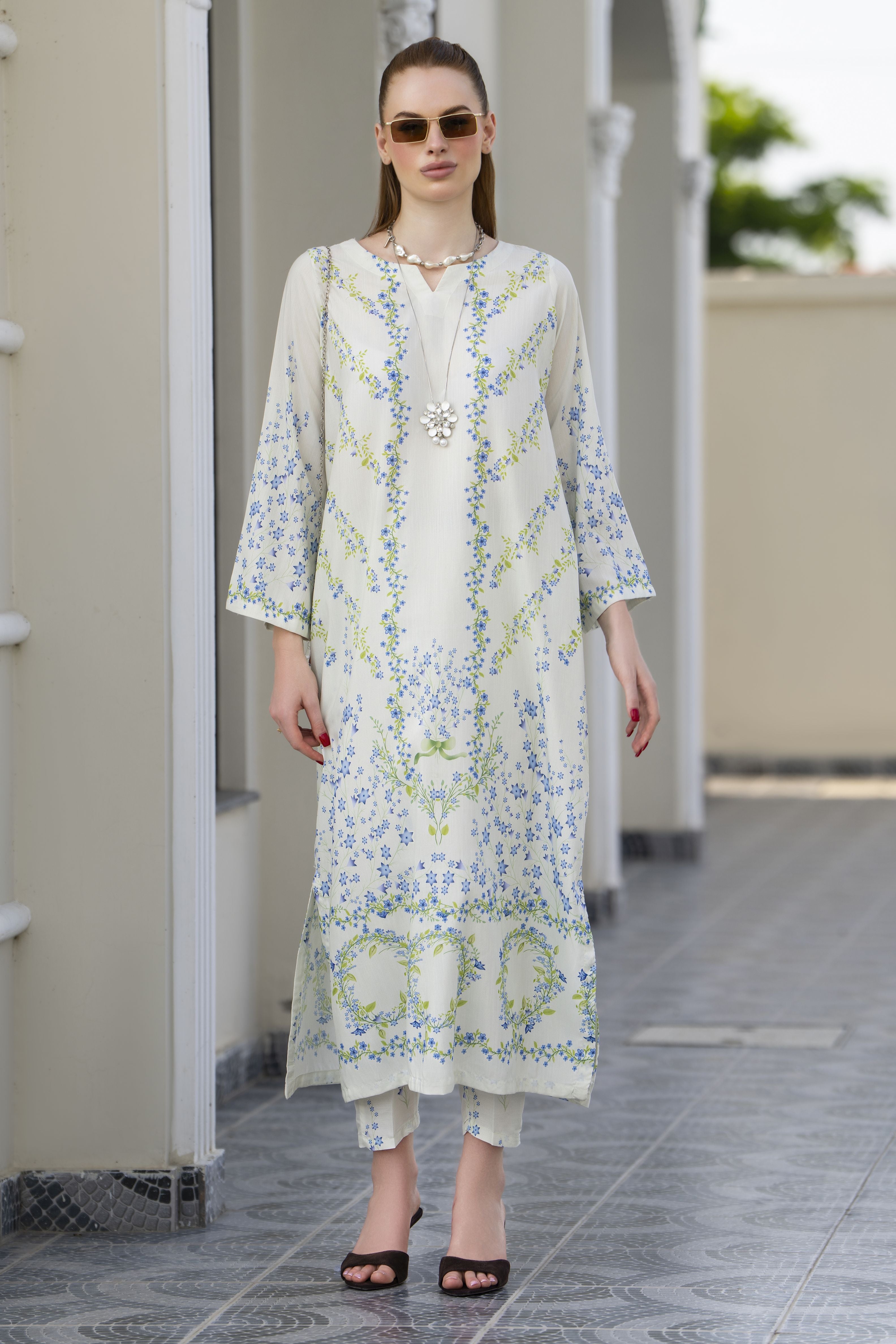 Sakeena Sheen Ivory Blue Floral Printed Poly Raw Silk 2pc Kaftan – SHH5