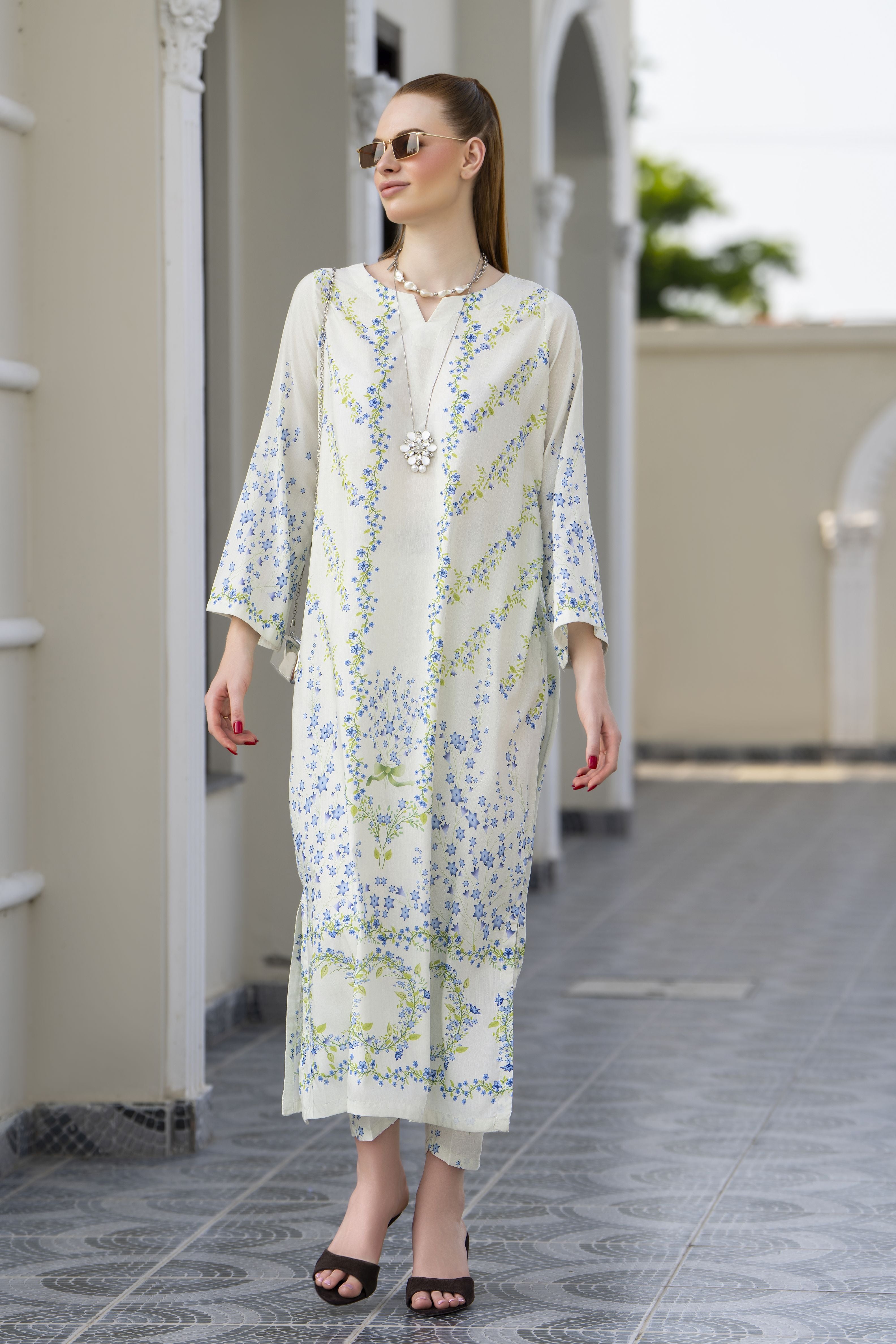 Sakeena Sheen Ivory Blue Floral Printed Poly Raw Silk 2pc Kaftan – SHH5