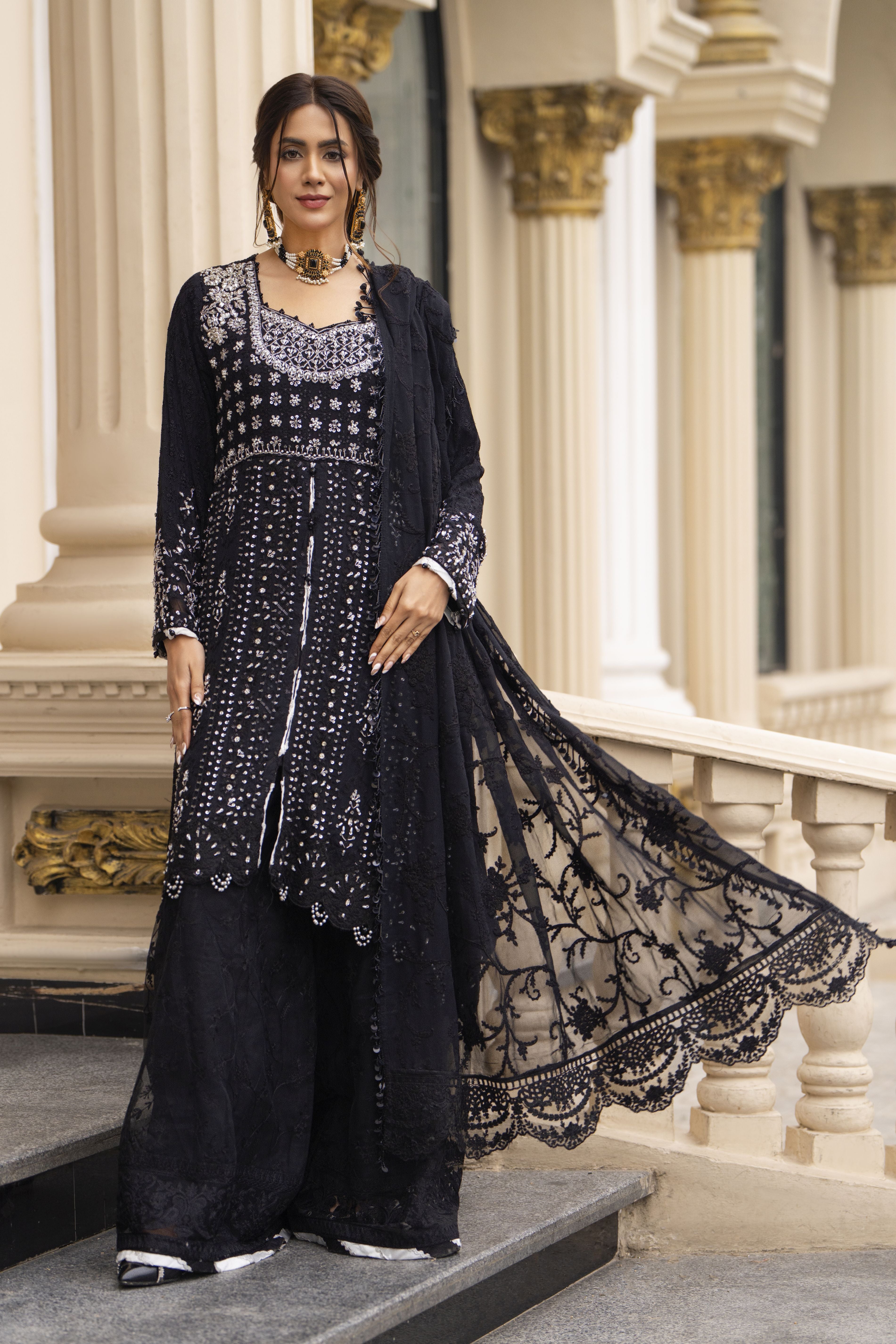 Zaiwaraat by Arwah Embroidered Black Chiffon Peplum with Net Wide-Leg Trousers ZWR02