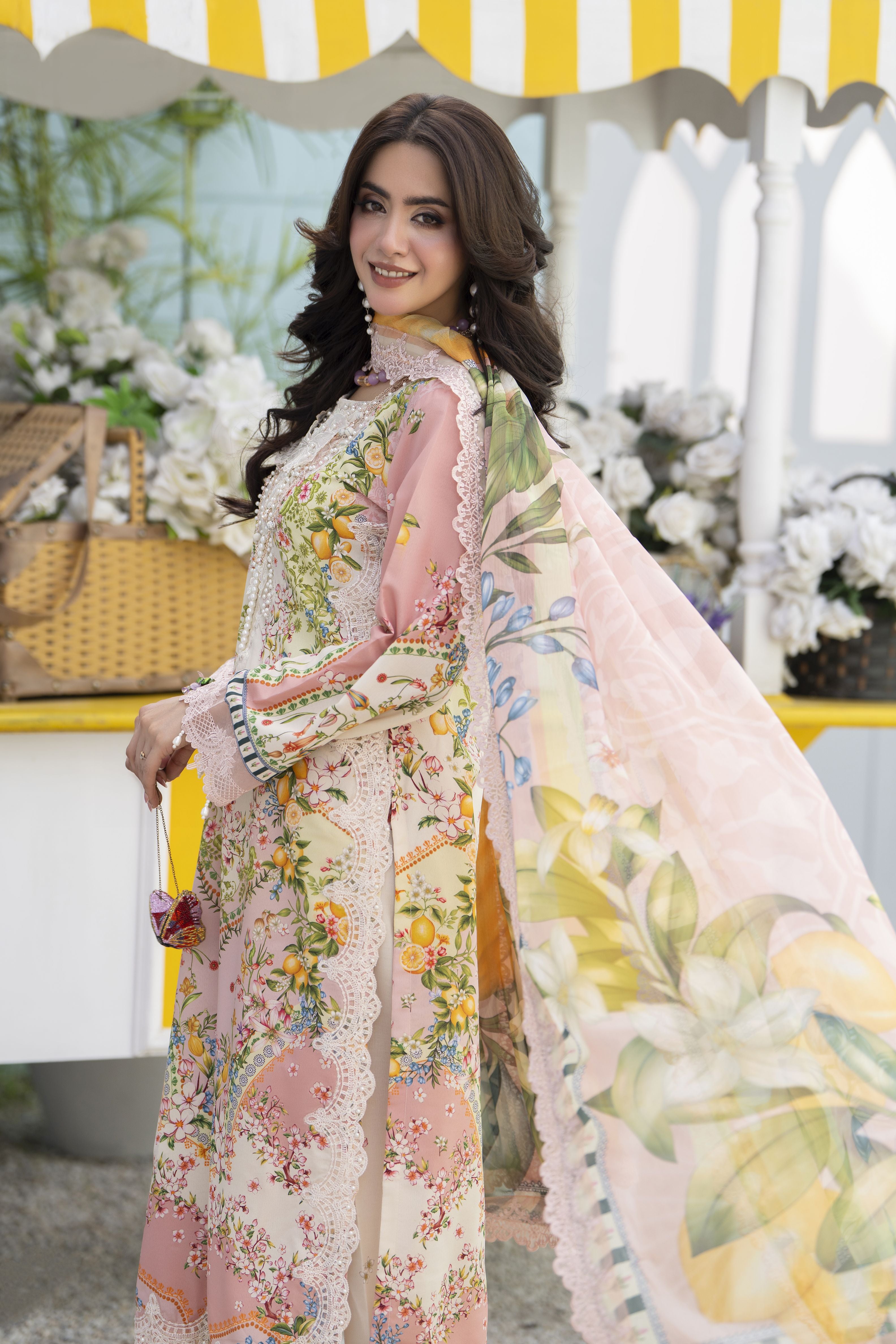 3pc Printed & Embroidered Lawn Suit with Chiffon Dupatta RES12