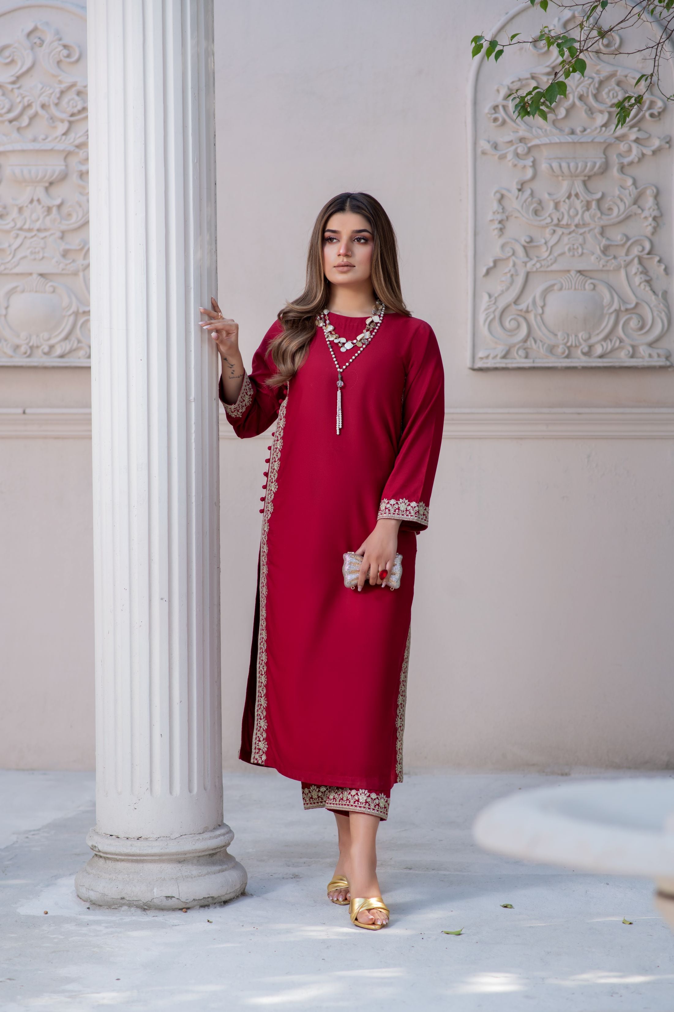 Noura by Hemline Red Embroidered Long 2pc Viscose Suit NH2