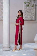 Noura by Hemline Red Embroidered Long 2pc Viscose Suit NH2