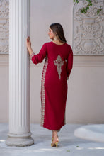 Noura by Hemline Red Embroidered Long 2pc Viscose Suit NH2