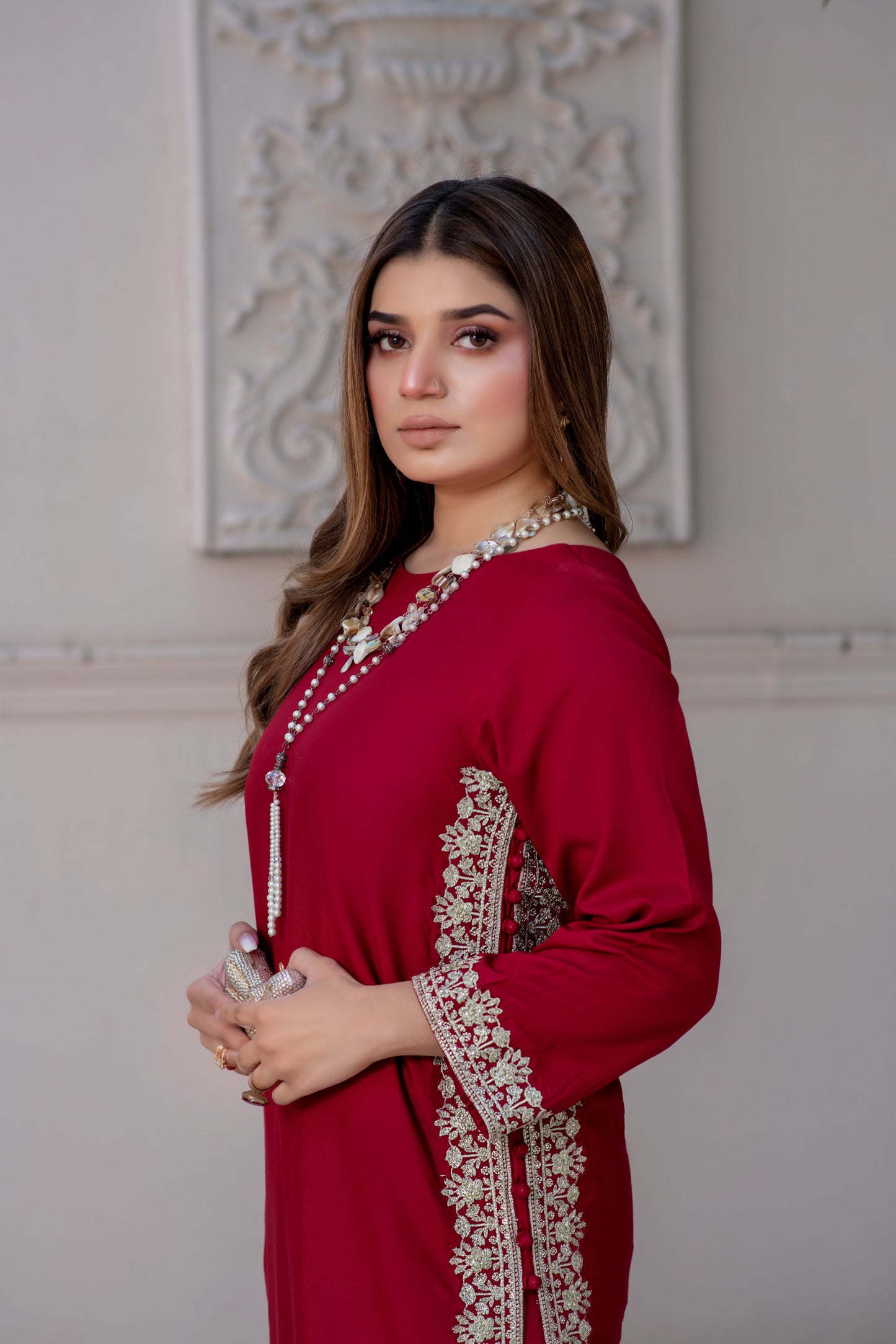 Noura by Hemline Red Embroidered Long 2pc Viscose Suit NH2
