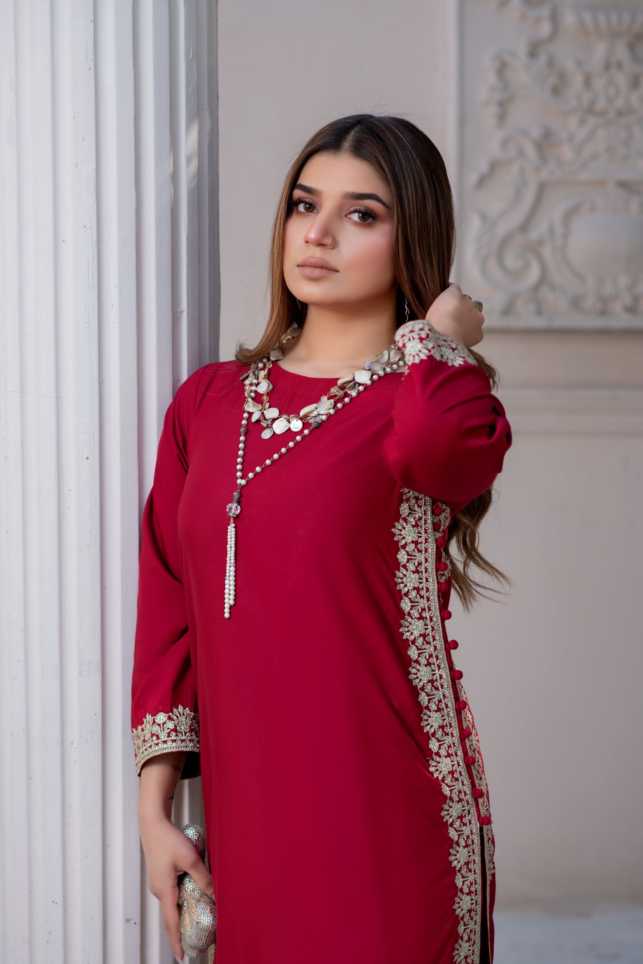 Noura by Hemline Red Embroidered Long 2pc Viscose Suit NH2