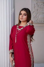 Noura by Hemline Red Embroidered Long 2pc Viscose Suit NH2