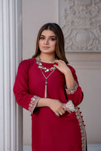 Noura by Hemline Red Embroidered Long 2pc Viscose Suit NH2